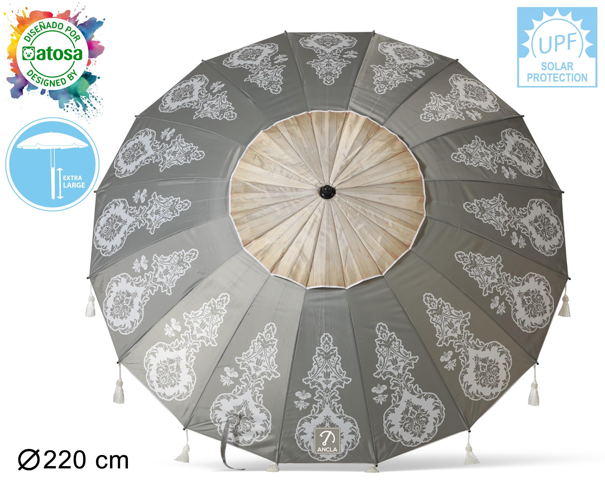 Atosa Strandschirm, Ø 180 bis 240 cm, aus Aluminium, Mandala-Design, LSF 50+, in den Farben Grau oder Weiß, grau, 220 cm, Traditionell