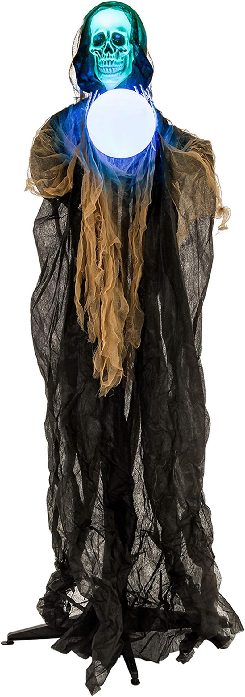 Animated Standing 6 Foot Sonic Strobe Skull Reaper with Magic Crystal Ball Prop Decoration - Strobing Green Light Skeleton Head, Flashing Light Up Crystal Ball - Battery Operated