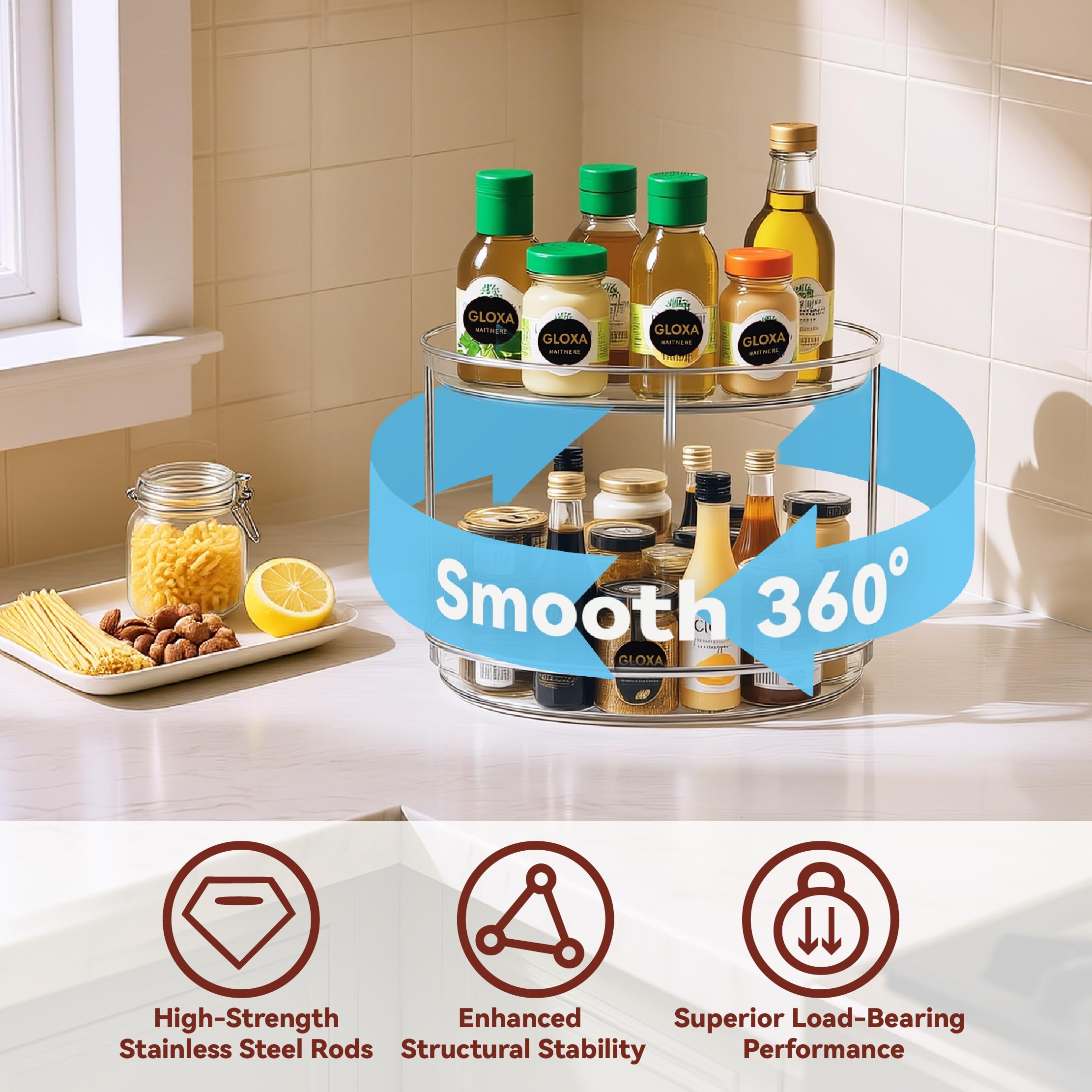 23.5CM Especiero Giratorio 360°, 2 Pisos Lazy Susan Despensa Organizador Especieros para Cocina Giratorio Estante de Plástico para Botellas, Cosmético, Armario, Despensa
