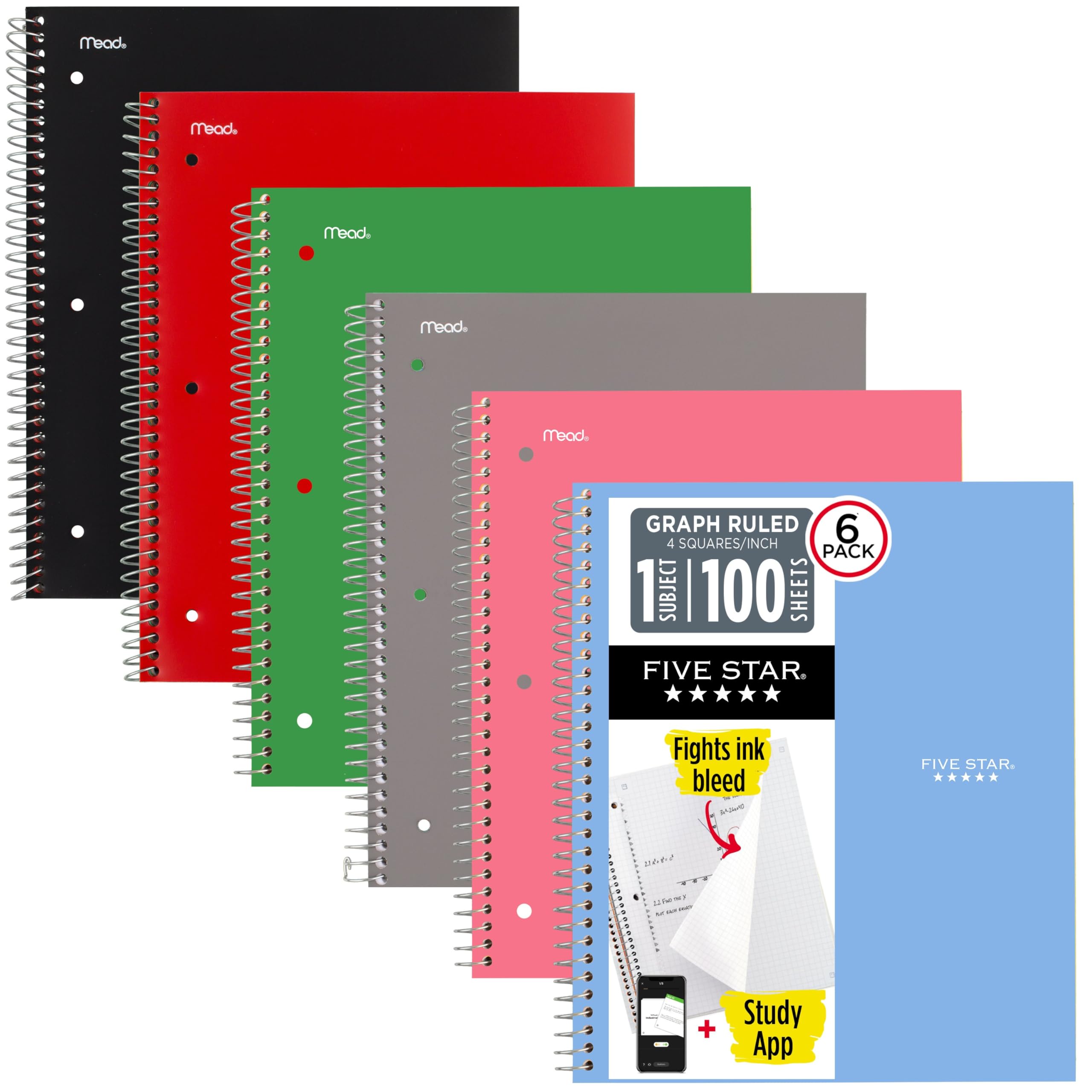 Five Star Spiral Defter + Çalışma Uygulaması, 6'lı Paket, 1 Konu, Grafik Çizgili Kağıt, 8-1/2 "x 11", 100 Yaprak, Fights Ink Bleed, Suya Dayanıklı Kapak, Mor, Turuncu, Yeşil, Mavi, Gri, Siyah (73549)
