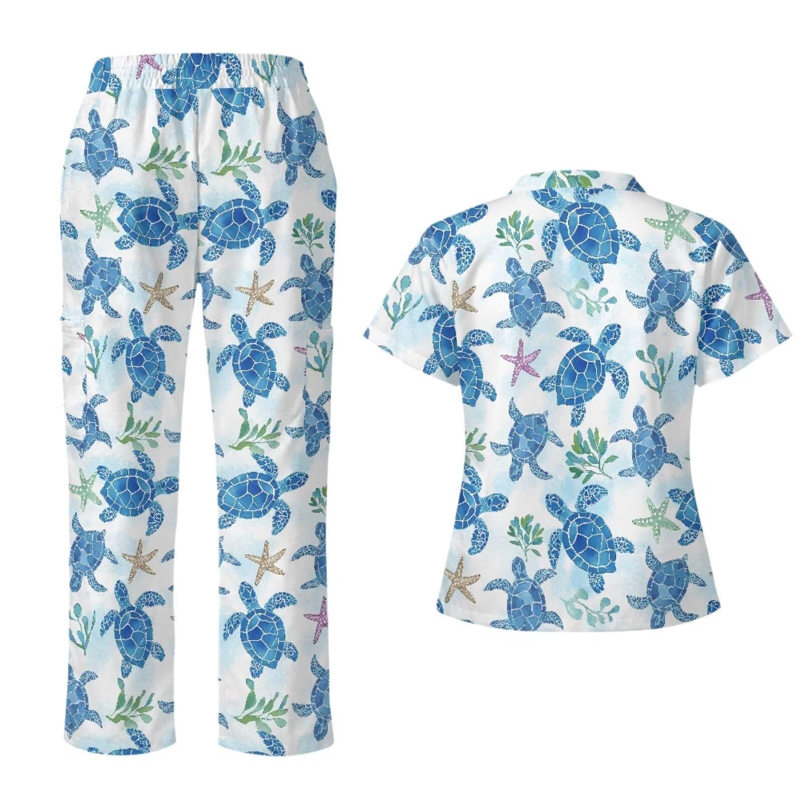 Sea Turtle - Conjunto de ropa quirúrgica para mujer, suave, de fácil cuidado, y pantalones altos con 6 bolsillos, ropa quirúrgica de talla grande para mujer, ropa de trabajo, color azul
