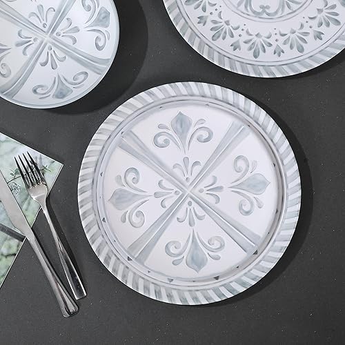 Miniatura 3 de Yinshine Juego de vajilla de melamina, juego de 12 platos y cuencos en relieve, juego de vajilla de plástico para 4, ligero, irrompible, apto para