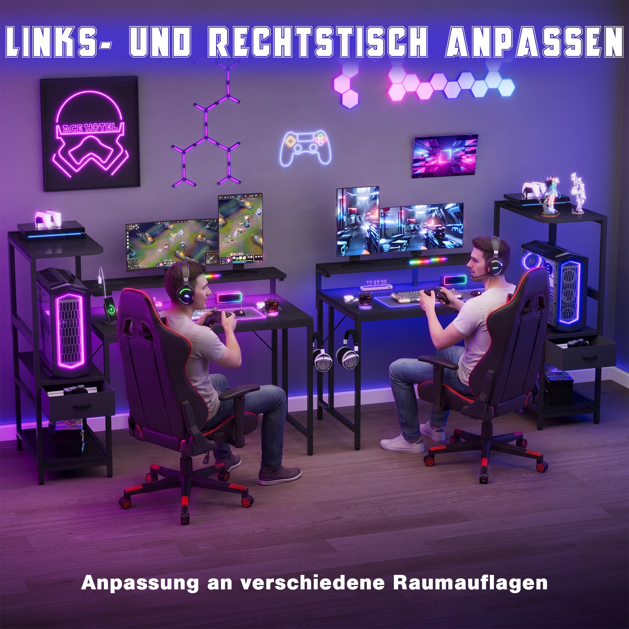JUMMICO 140×60cm Gaming Tisch mit Steckdose & Lichtleiste, umkehrbarer computertisch mit Monitorständer, schubladen & Ablagefach, Kopfhörerhaken, Gaming Schreibtisch Carbon Fiber Schwarz