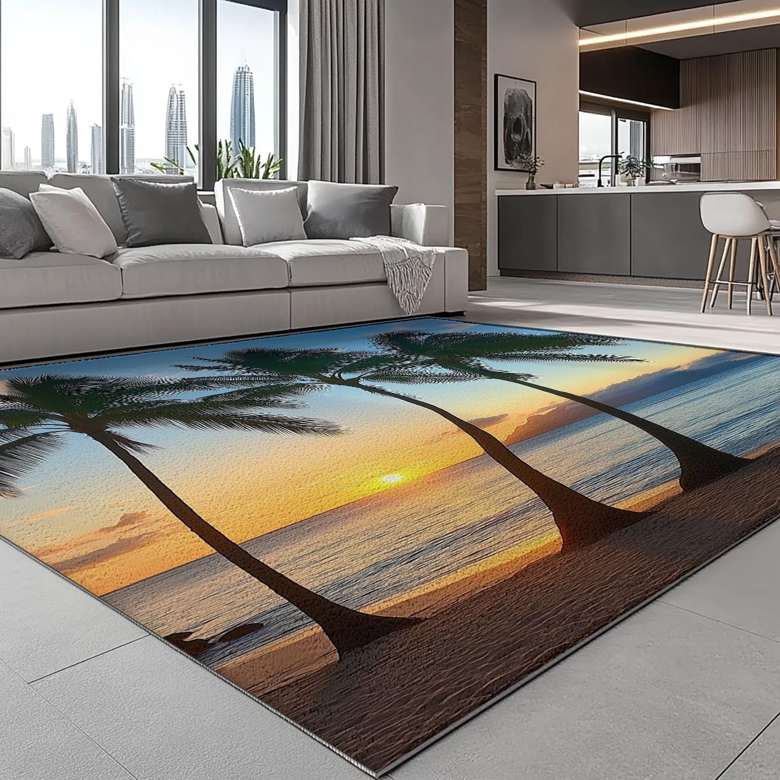 Tappeto multiuso in microfibra Blu Arancione con Fondo Gommato Antiscivolo Paesaggio tropicale tramonto Stampa, per ingresso, bagno - Lavabile in lavatrice 120 x 170 cm