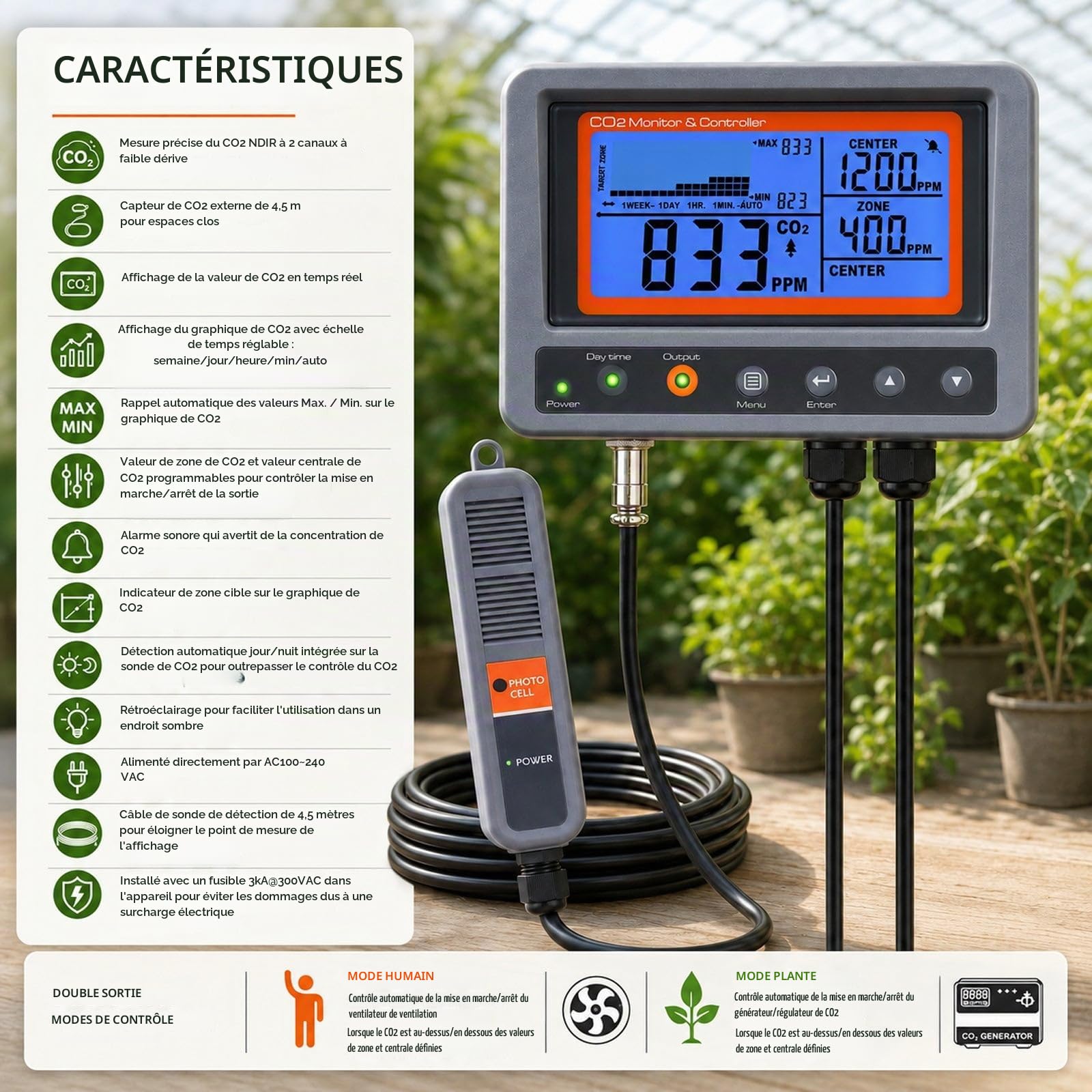 GAIN EXPRESS Contrôleur de moniteur IAQ de dioxyde de carbone CO2 numérique avec fonction de relais sonde de détection NDIR de câble de 4,5 m pour maison verte, bureau, usine