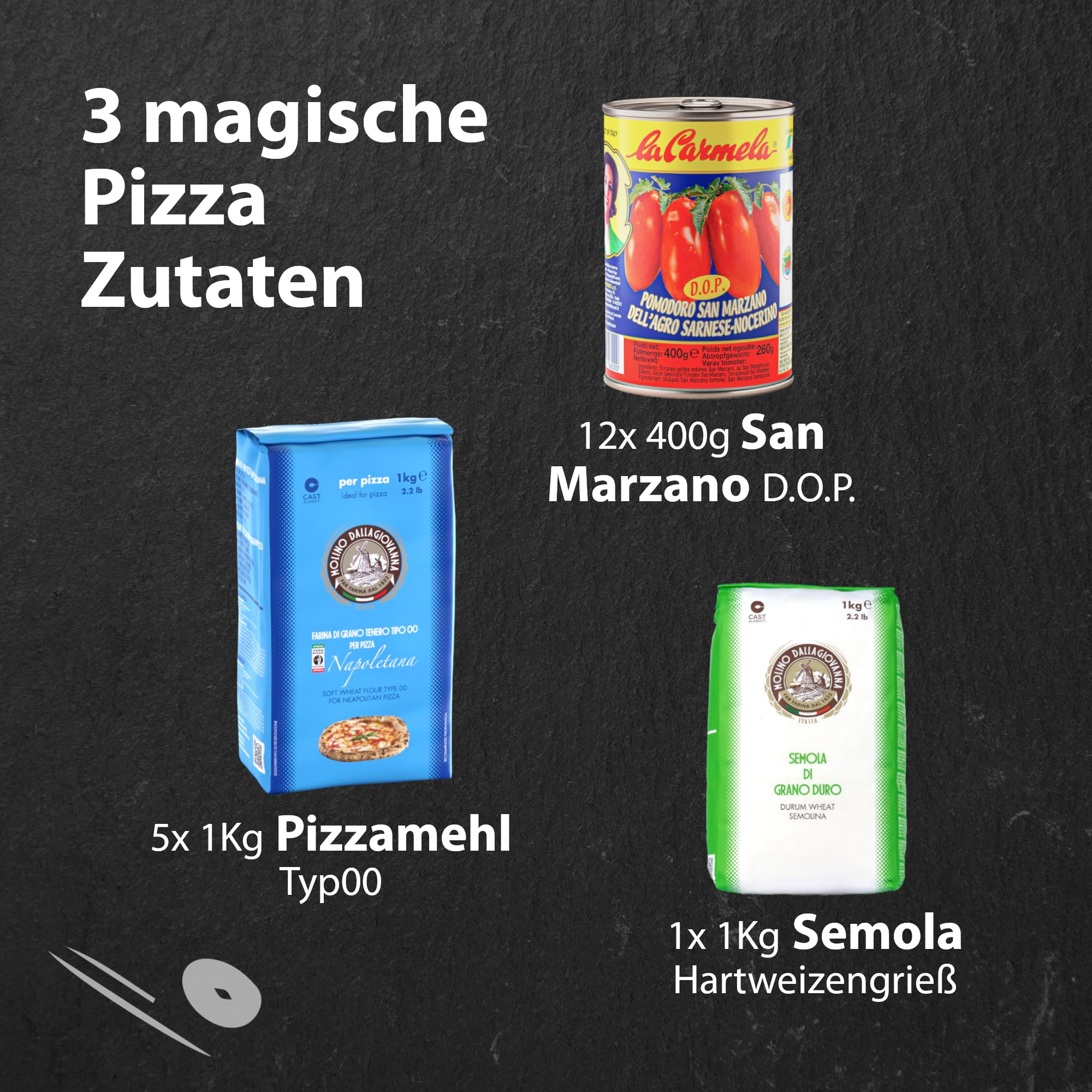 Esprevo Pizza Zutaten Set Genua 5x1 kg Pizzamehl Typ 00 12x 400g San Marzano Pizzatomaten 1x 1kg Semola