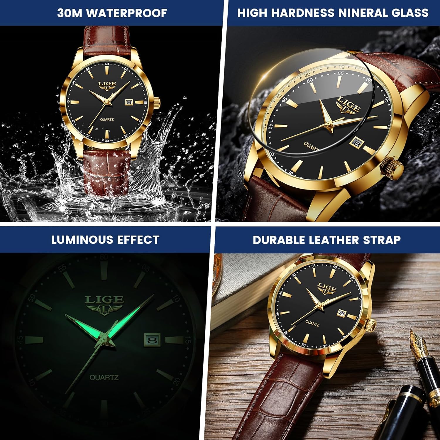 LIGE Watches for Men Waterproof Analog Dress Vintage Chronograph Analog Casual Black Leather Stainless Steel Unique Quartz Movement Retro Luminous Elegant Men's Wrist Watch Date Display - Image 3