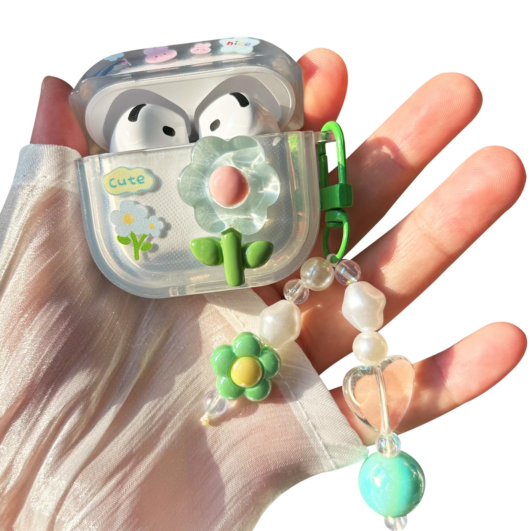 PHOEACC for Airpod 4 Case Cute Aesthetic 3D Flower Clear Soft TPU Protective Cover with Keychain Compatible with AirPods 4th Generation Case 2024 for