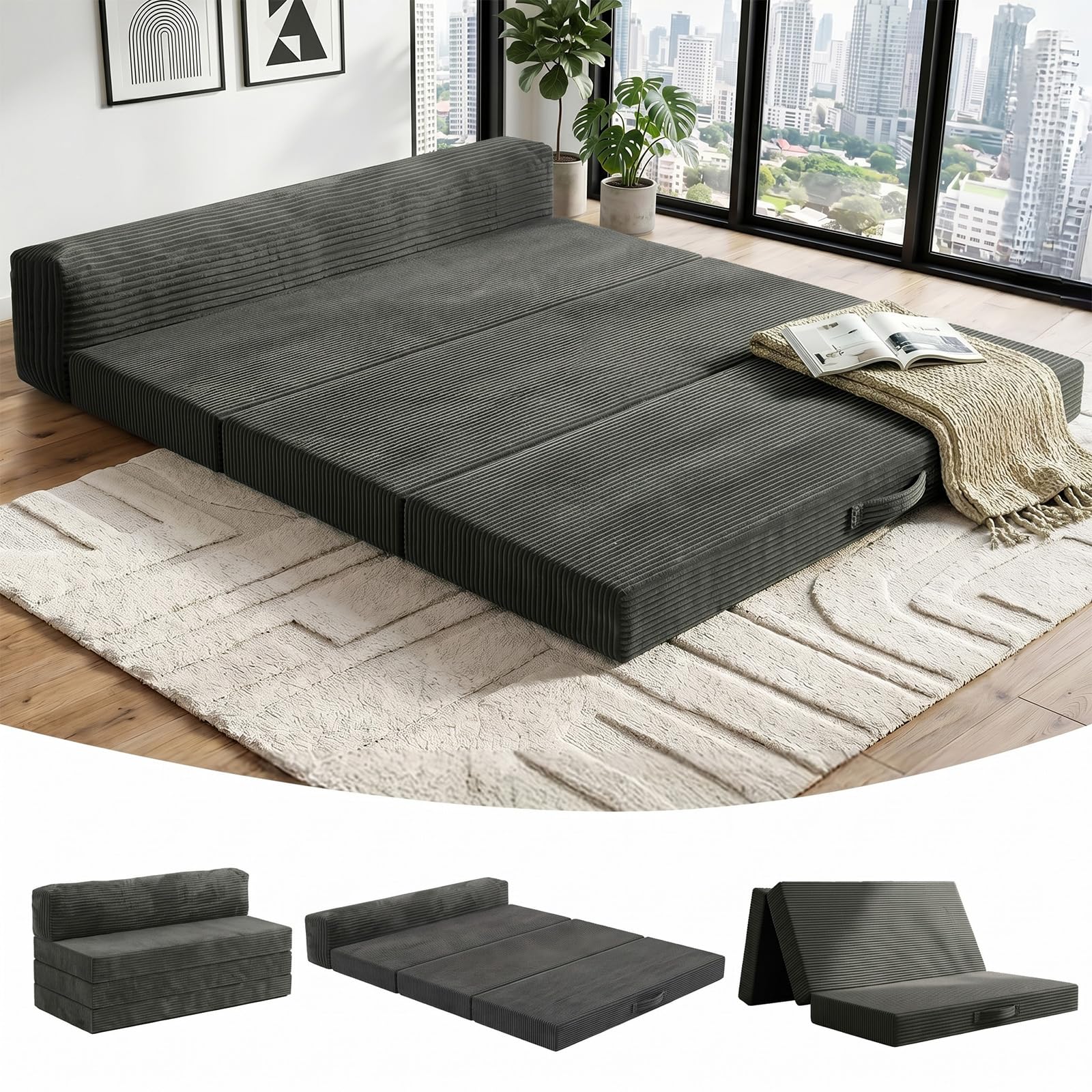 JUIKURY 6 Inch Tri-Fold Memory Foam Mattress Queen Size, 5 in 1 Convertible Sofa Bed, Foldable Floor Futon Sleeper Couch with Washable Cover & High-Density Foam, Portable Guest Bed for Living Room