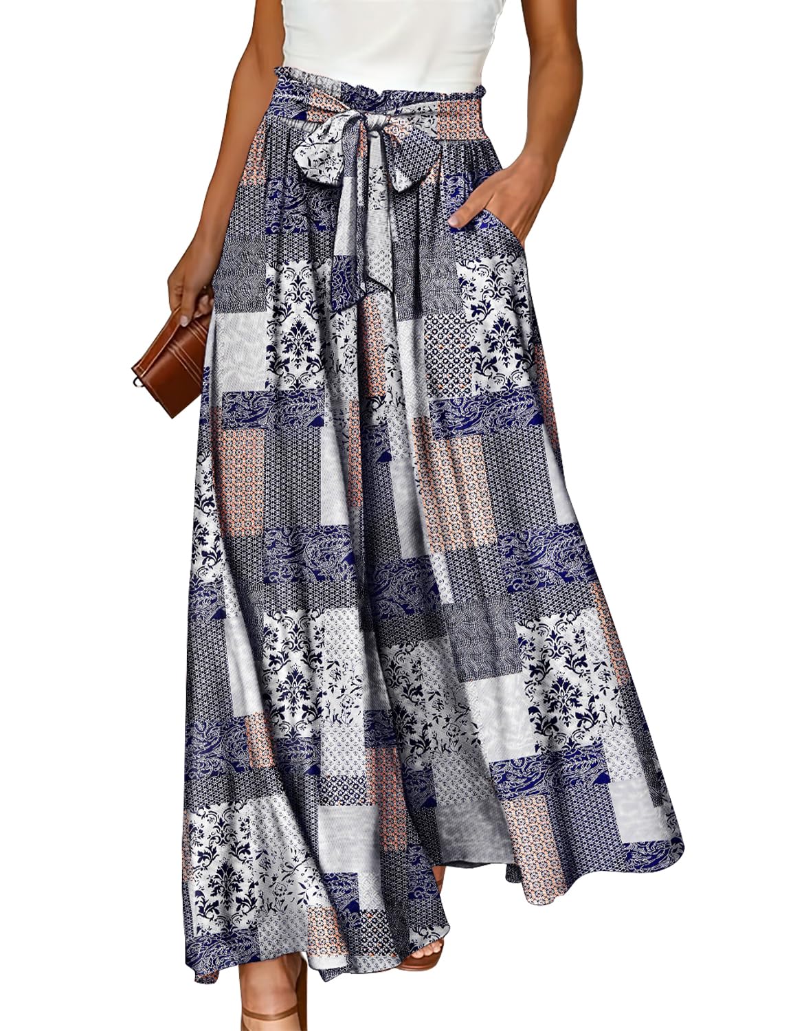 YESNO Women Wide Leg Pants High Waisted Floral Boho Palazzo Culottes Casual Flowy Tie Knot Trousers with Pockets