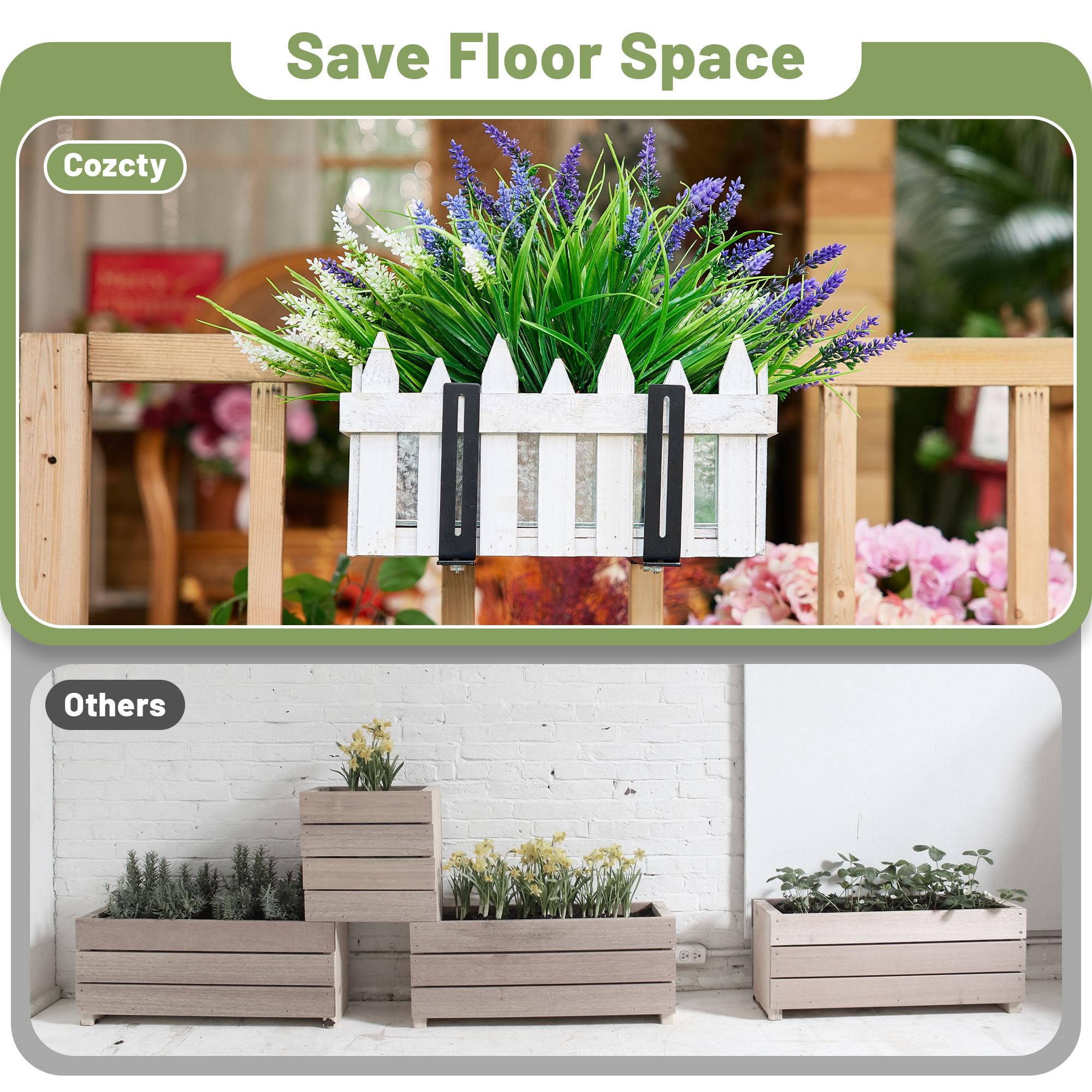 Cozcty 4 Stück Fensterkastenhalterungen, verstellbare Deckgeländer-Pflanzgefäßhalter, robuste Blumenkästen im Freien, kein Bohren, Eisenfenster, Pflanzenhänger für Gärten, Zäune, Balkone, Terrassen