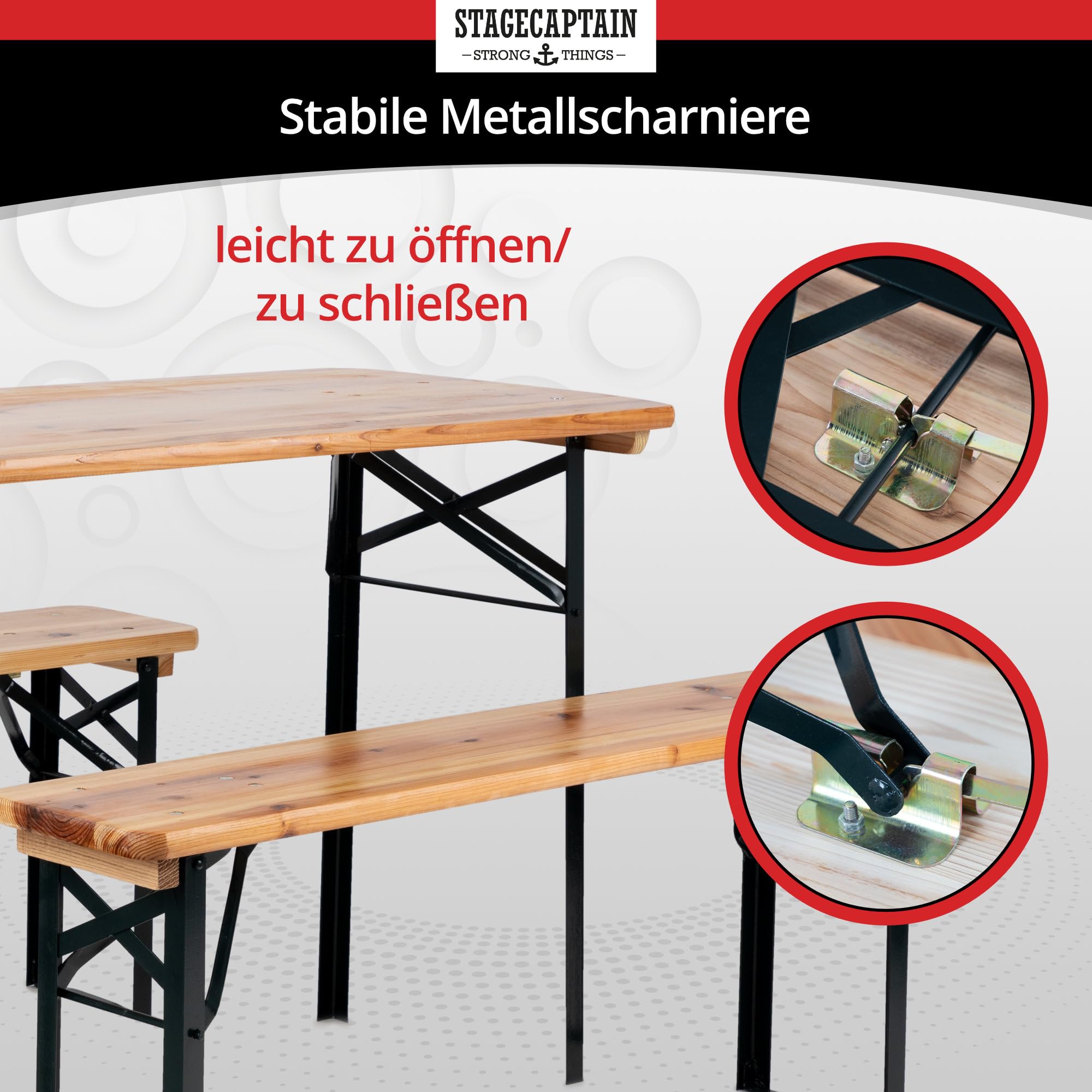 Stagecaptain BB-117 NT Hirschgarten Bierzeltgarnitur für Balkon - kurze Version 117 cm Länge - Klappbare Festzeltgarnitur 1x Tisch 2x Bank - Sitzgarnitur aus Holz - Für Innen- und Außenbereich - Natur