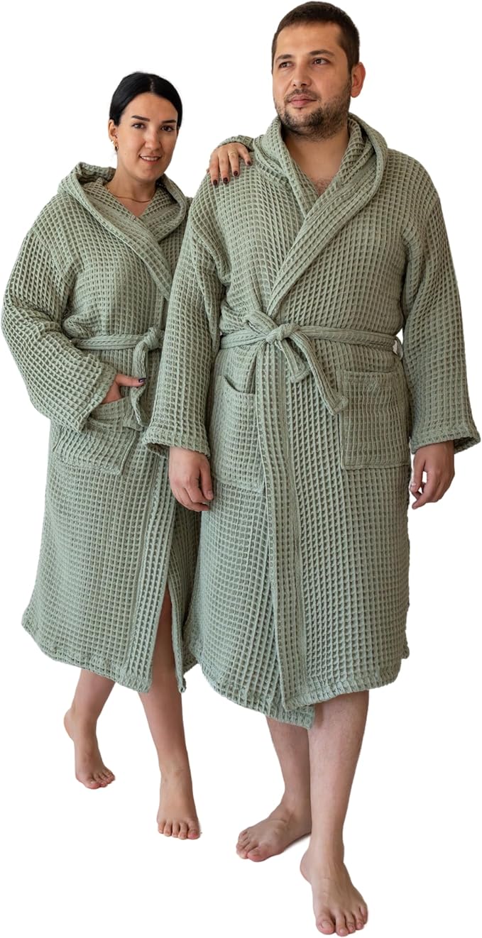 Unisex Hooded Waffle Robe for Women & Men 100% Turkish Cotton | Quick-Dry Bathrobe | Cozy Housecoat for Lounging