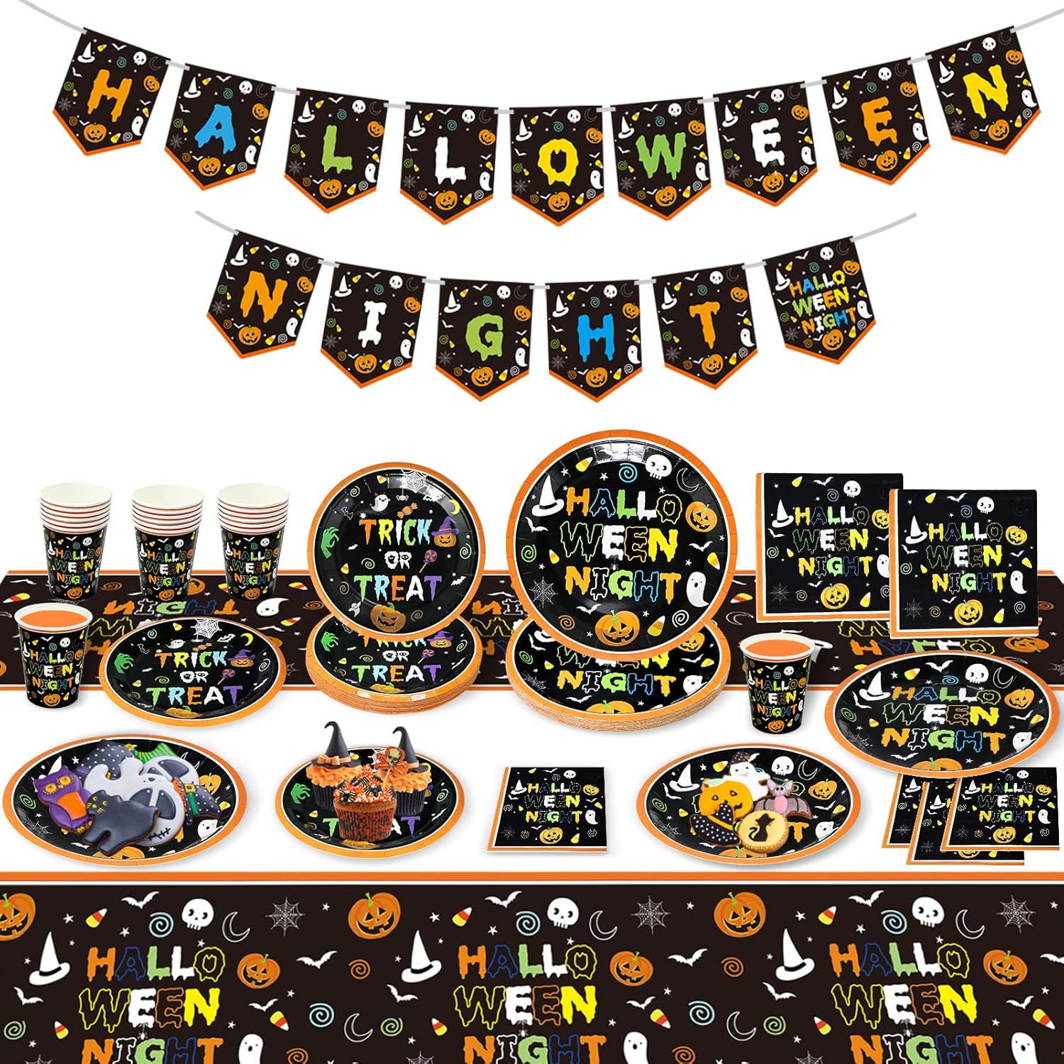 Halloween Plates and Napkins Party Supplies Serves 24 Guests Include Halloween Plates, Napkins, Cups, Tablecloth and Banner for Halloween Party : Home & Kitchen