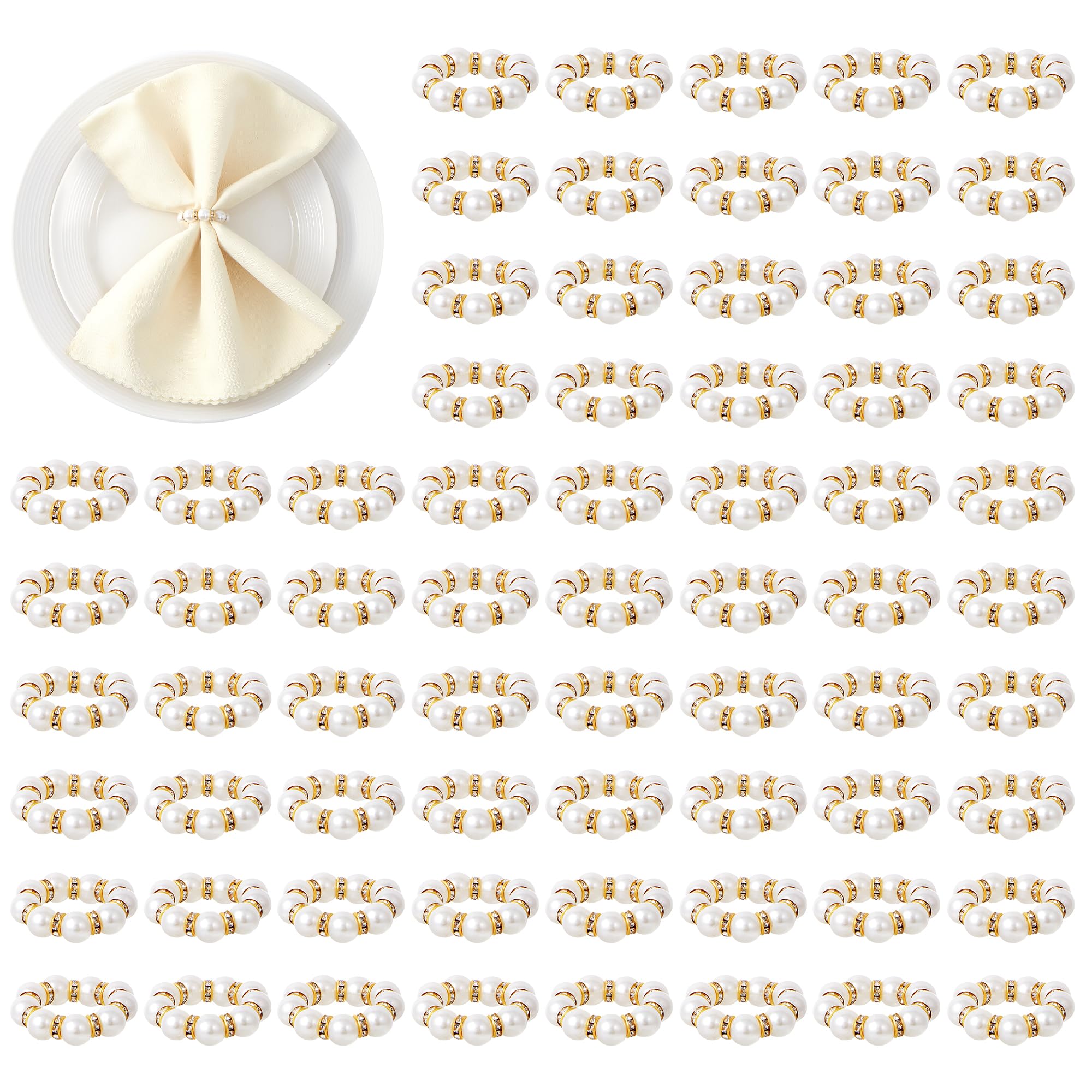 APTWOW Pearl Gold Napkin Rings Set of 50 - Imitation Pearl Napkin Holder, Disposable White&Gold Napkins Rings Bulk for Wedding Party Birthday Banquet Table Decor and Daily Use