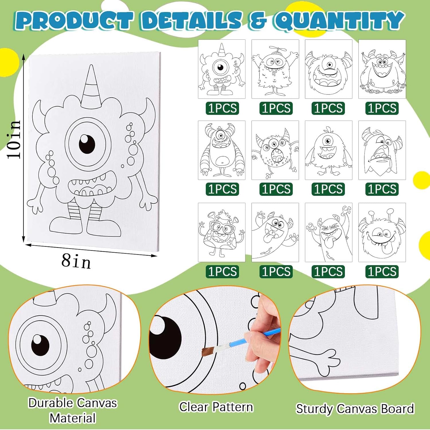 Ireer 12 Set Paint Party Set 8 x 10 Sip and Paint Kit Include 12 Printed Pre Drawn Canvas Panel, Wooden Easels, Palettes, Pots, Apron 36 Brushes for Adult Art DIY Party(Monsters)