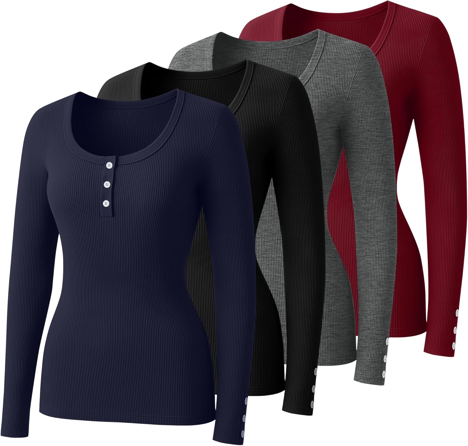4 Pack Women's Long Sleeve Henley Shirts Button Ribbed Knit Slim Fit U Neck Tops Casual Going out Tee Fall Winter - Image 3