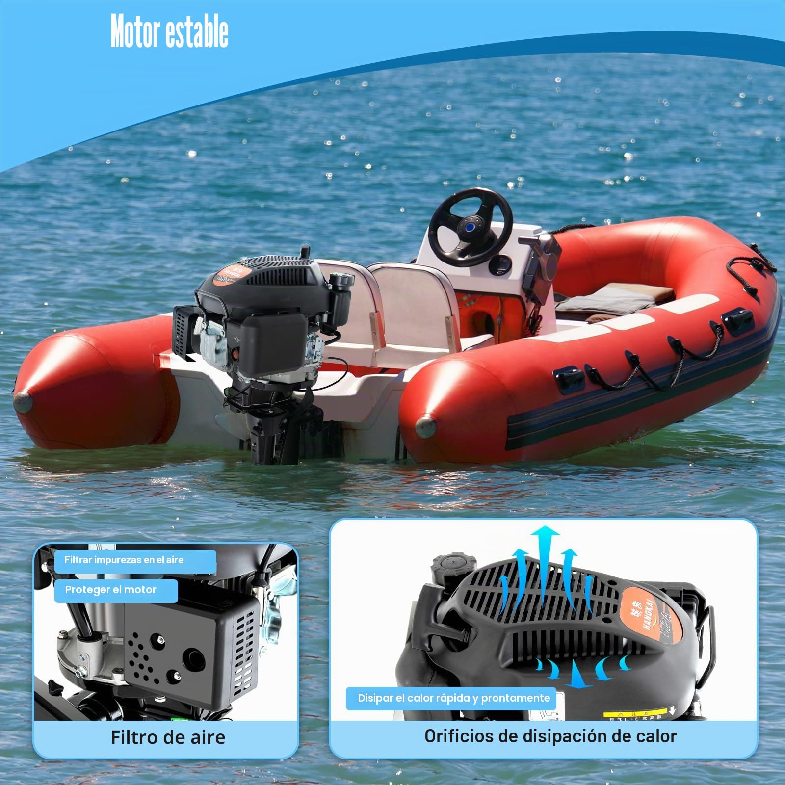 Motor fueraborda de 4 tiempos, 6 CV, motor de gasolina con sistema de encendido TCI y sistema de refrigeración por aire, fueraborda para barco de pesca inflable, barco de pesca y pesca, bajo consumo