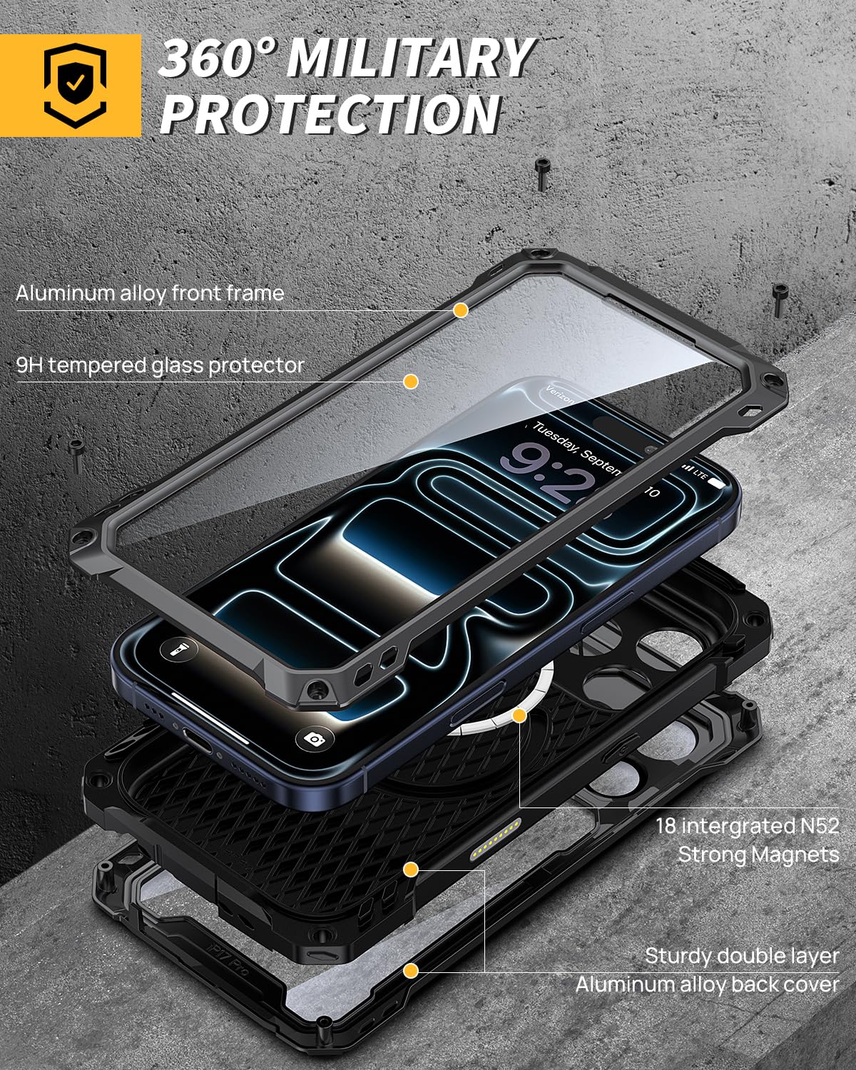 Lanhiem Metalen beschermhoes voor iPhone 16 Pro Max [scherm van gehard glas] [camerahouder] stootvaste beschermhoes in militaire kwaliteit voor iPhone 16 Pro Max, zwart