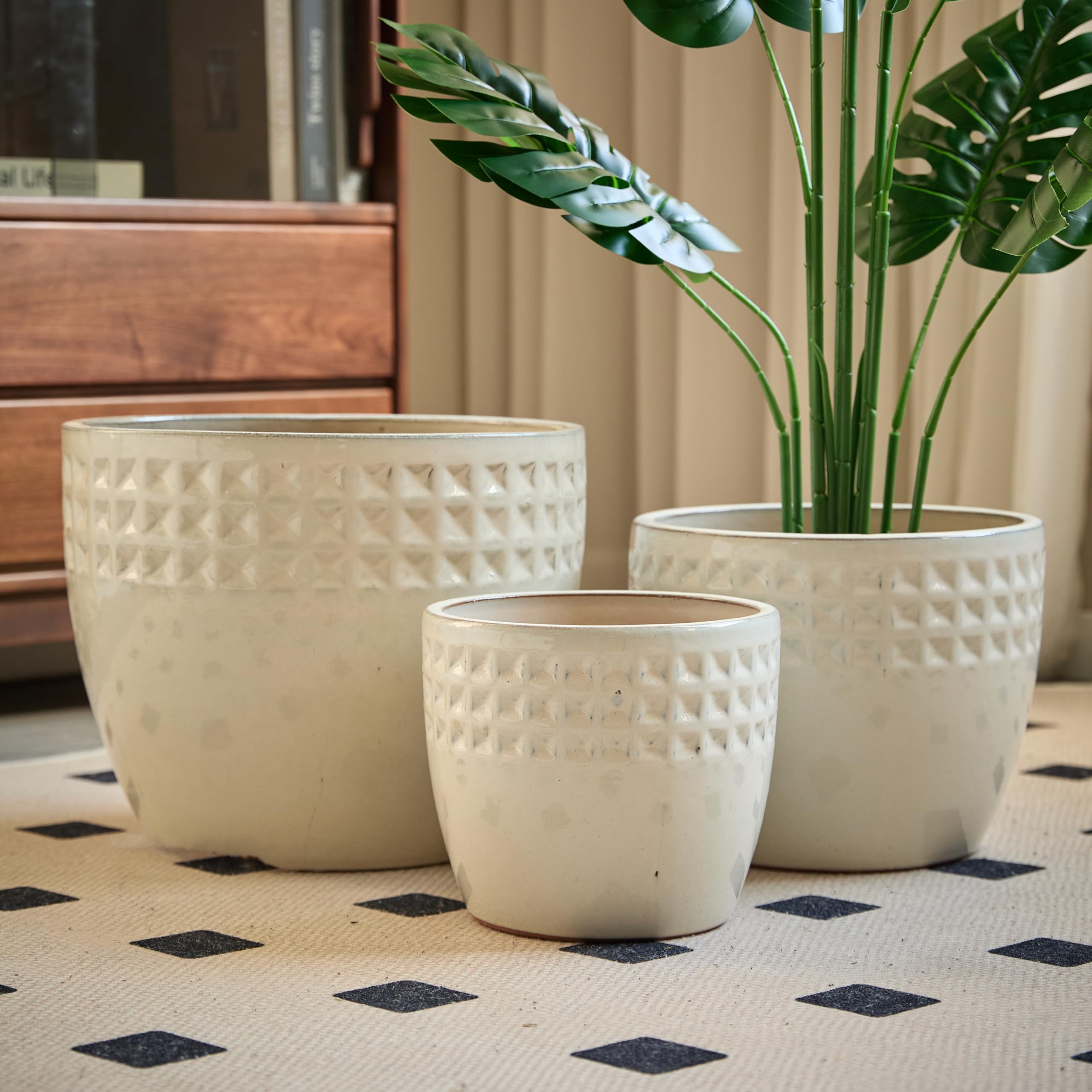 Zestaw doniczek ceramicznych, 3-częściowy, ręcznie wykonana, antyczna biała ozdobna doniczka z białym wzorem w romby, Ø 38/30/23 cm, otwory odpływowe, odporna na mróz, do użytku wewnątrz i na