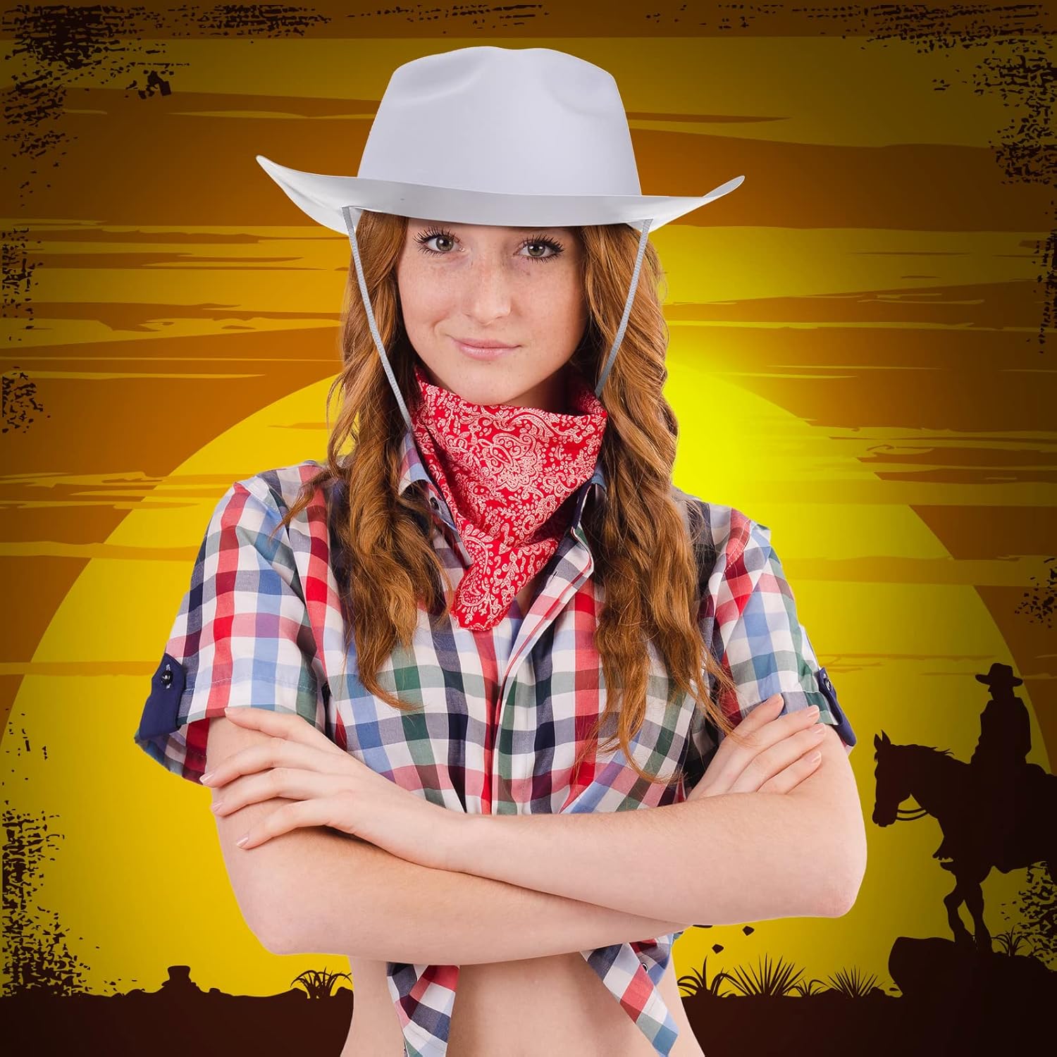 Mepase 24 Pieces Disposable Plastic Western Cowboy Hat Set Felt Wide Brimmed Cowgirl Hats for Men Women Costume Party(White) - Image 5