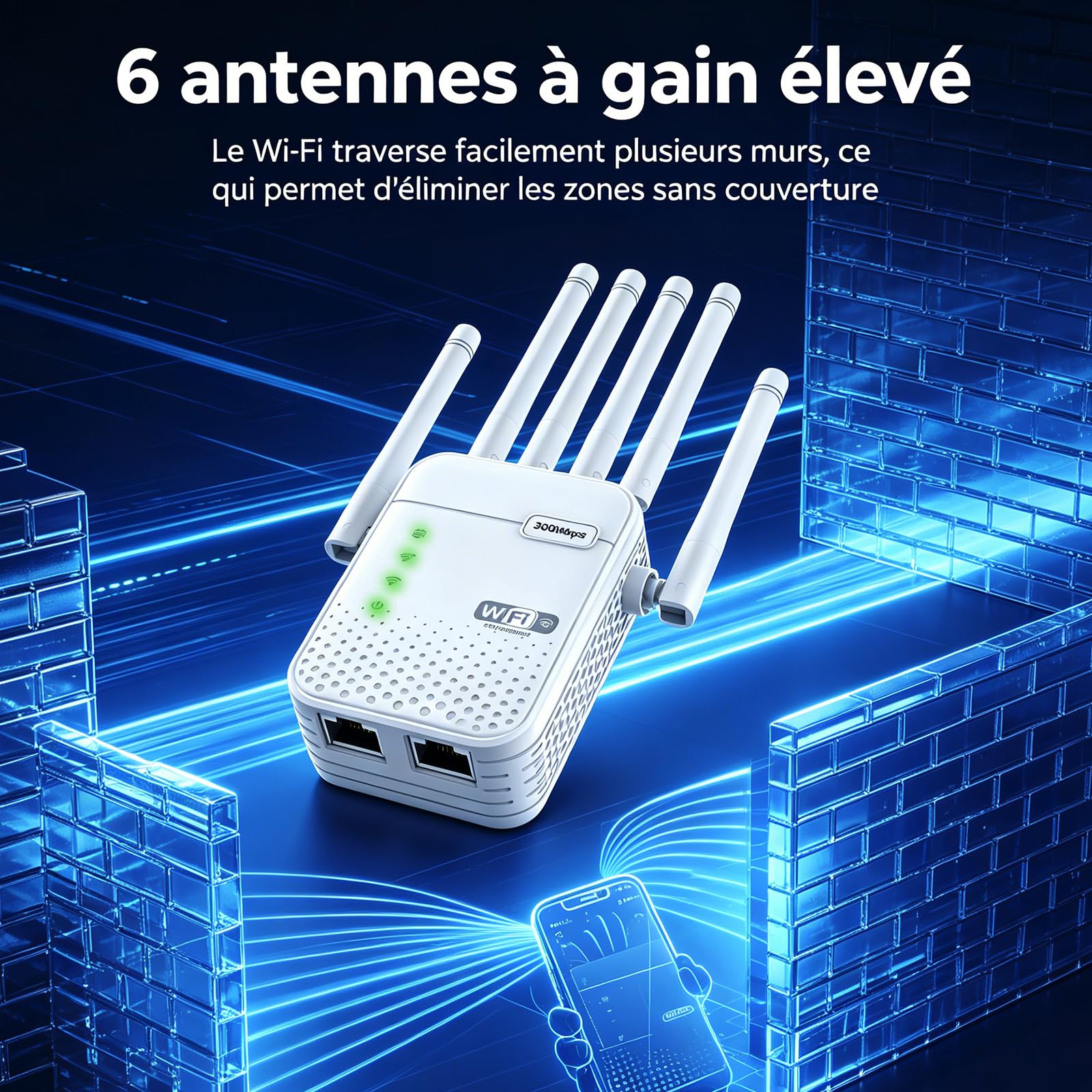 Répéteur WiFi, amplificateur de Signal WiFi, 6 antennes, 2 Ports LAN, Prend en Charge Les Modes routeur/Point d'accès, Compatible avec Tous Les routeurs, adapté à la Maison et au Bureau﻿-ZB