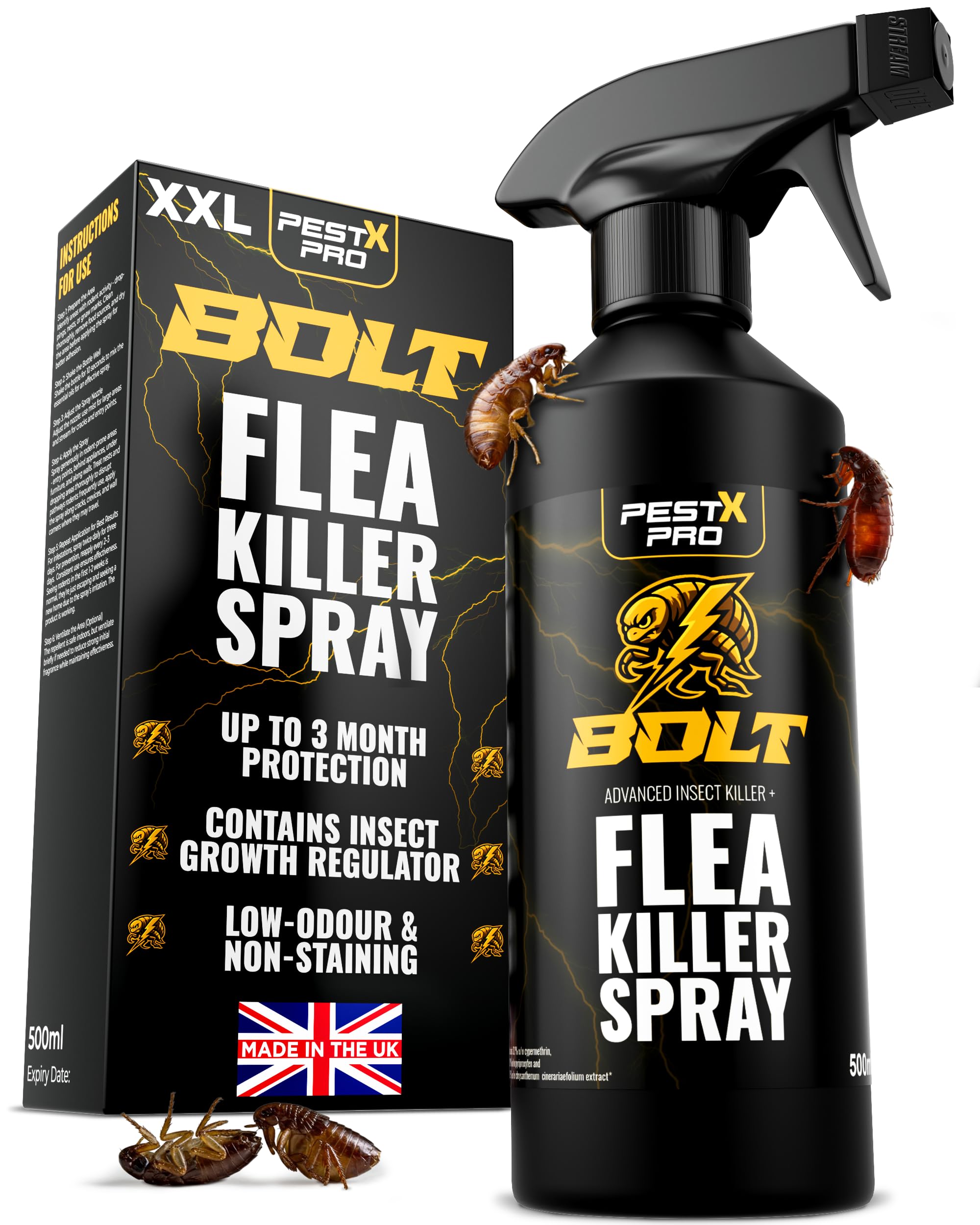 Pest X Pro Bolt Flea Killer Spray 500ml – Fast-Acting Permethrin Formula – Flea Spray for the Home, Carpets, Furniture – Non-Staining – Low Odour – Strong Household Flea Treatment and Pest Control