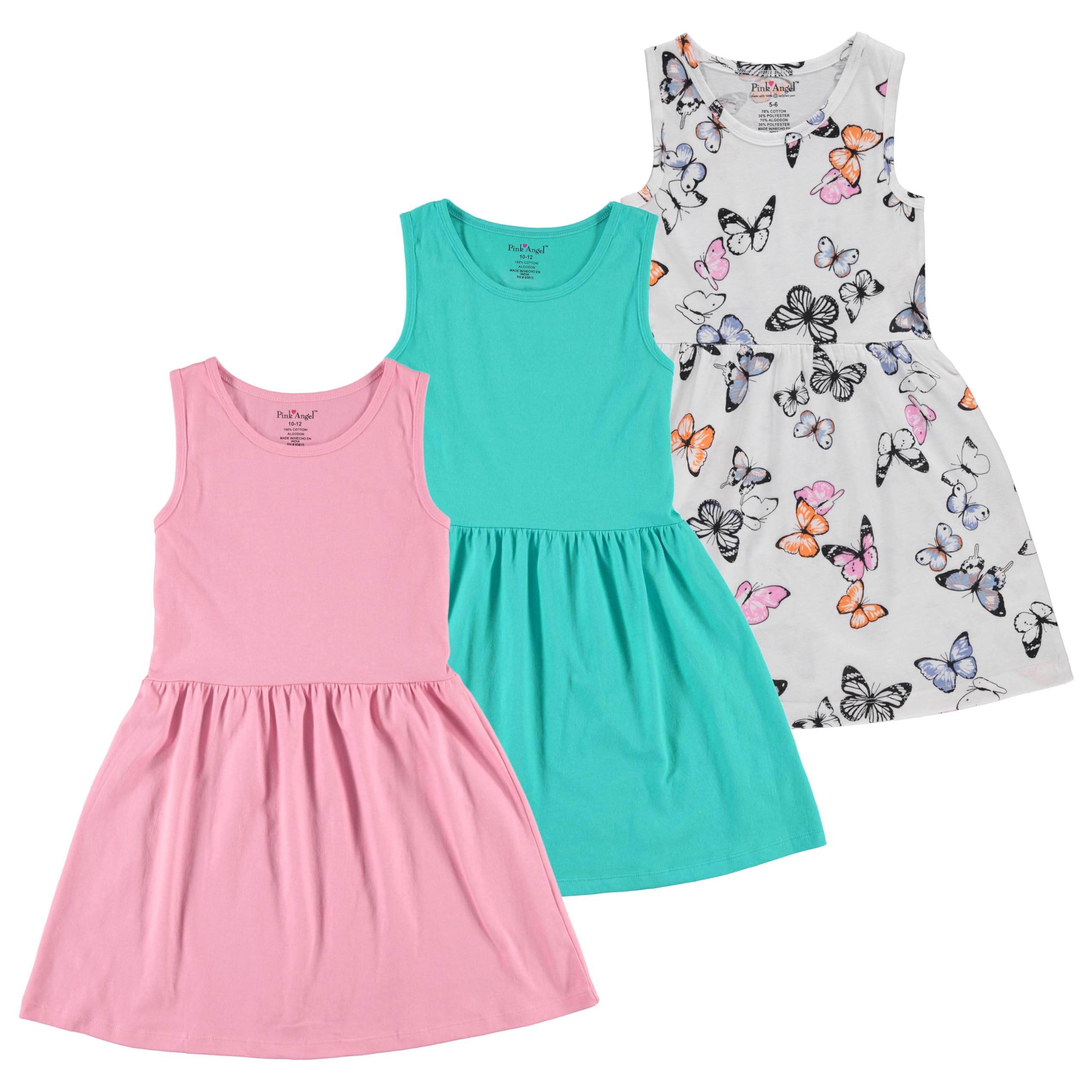 Pink Angel 3-Pack Girls' Dresses, Kids Casual Fit and Flare Sleeveless Summer Dress & School Outfit, 100% Cotton