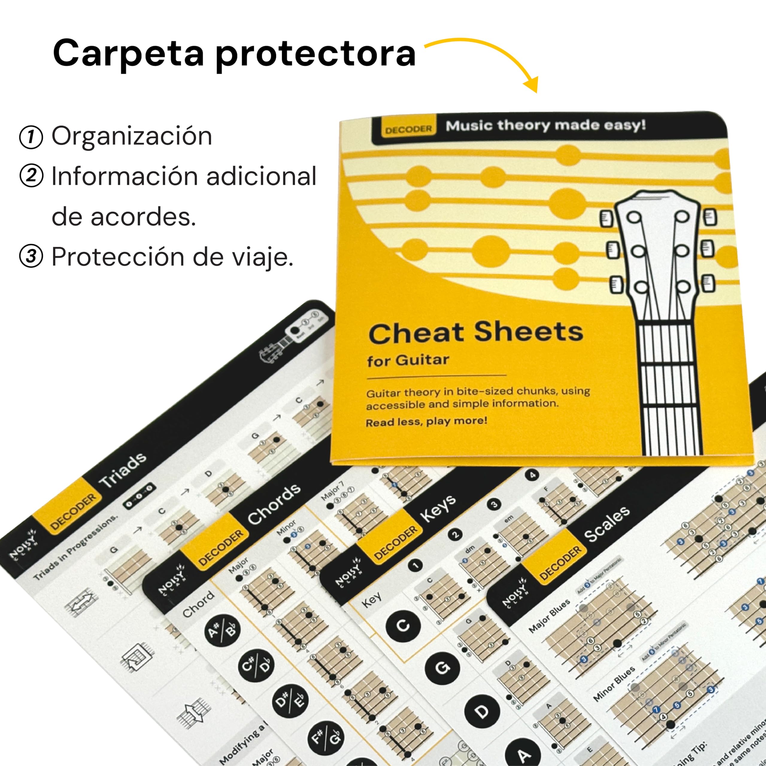 Hojas de trucos de tablas de acordes de guitarra - Herramienta de aprendizaje musical para el regreso a clases - Escalas de guitarra, tríadas, tonalidades, círculo de quintas. Teoría de la guitarra