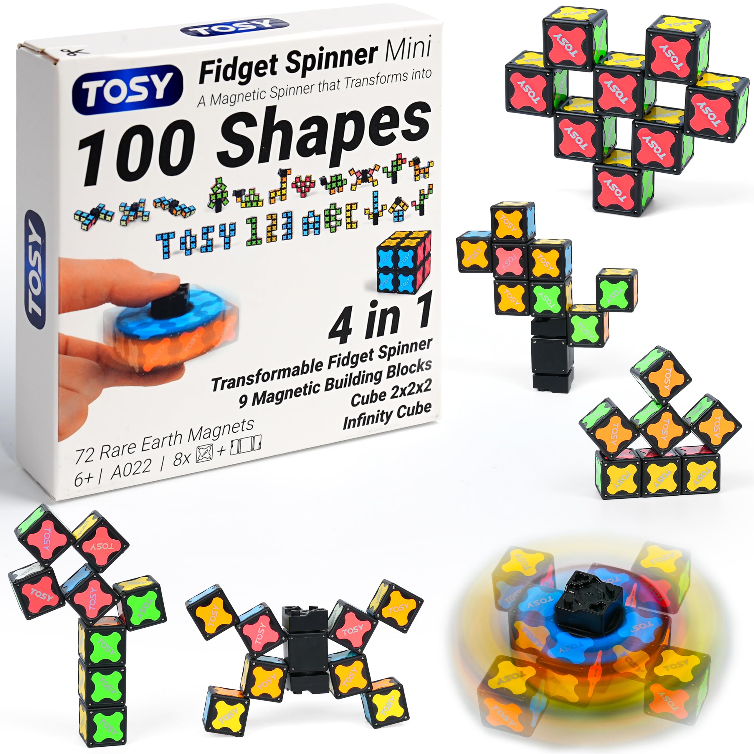 TOSY Magnet Fidget Spinner Mini - 8 blocks, 3 in 1 Toy: Transformable Fidget Spinner, Infinity Cube, 2x2 Puzzle Cube, Christmas Stocking Stuffers Gift for Kids/Adults, STEM Sensory Stress Relief Toy