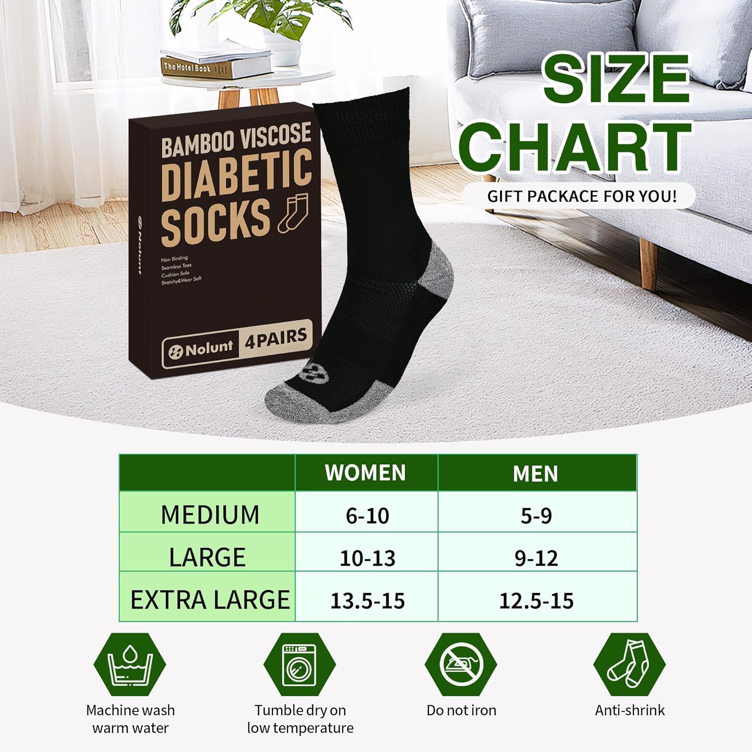 Diabetic Socks for Men,4 Pairs Crew Diabetic Neuropathy Socks for Men Size 9-11/10-13/13-15. - Image 4
