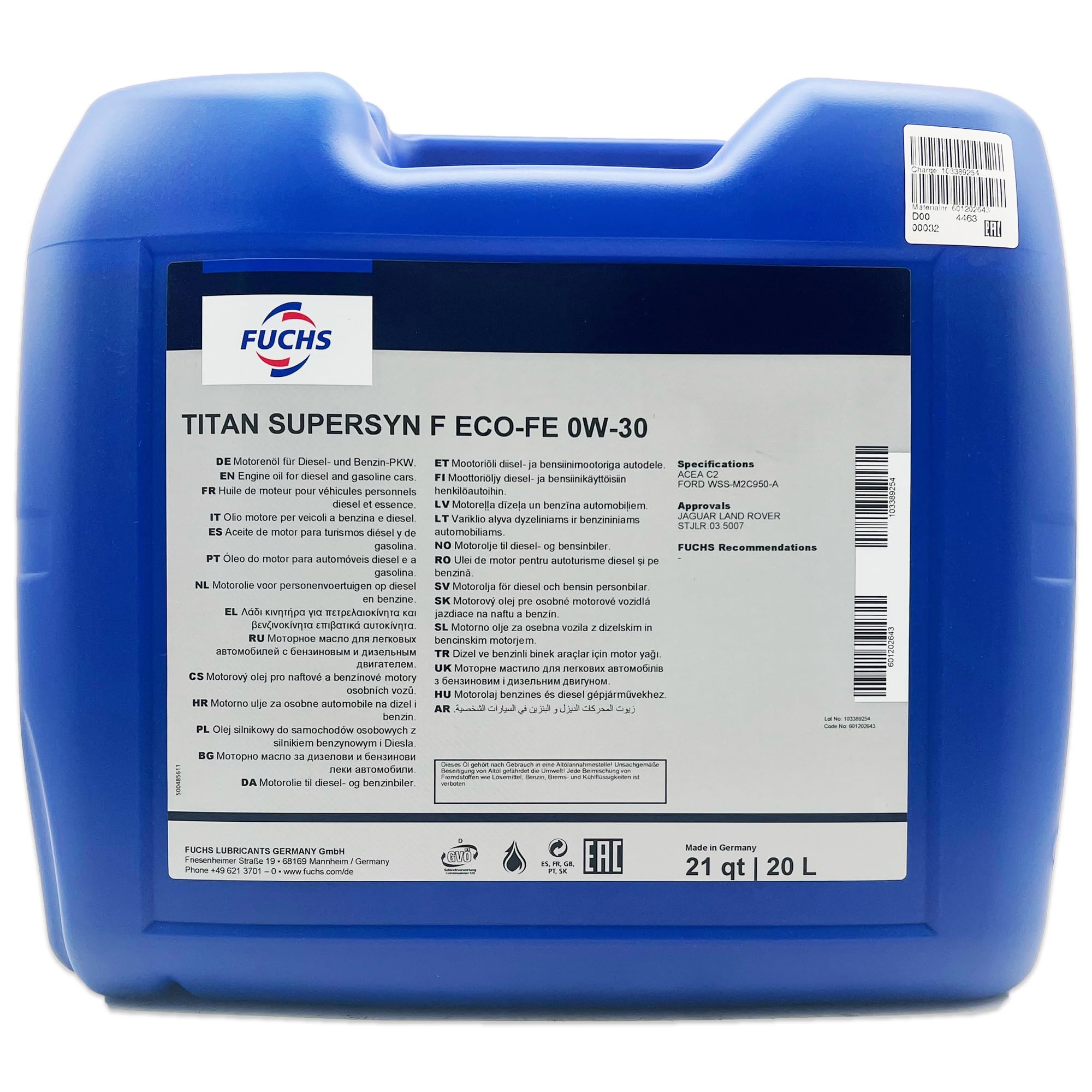 Fuchs Titan Supersyn F ECO-FE 0W-30 Motoröl, 20 Liter - Kompatibel Mit STJLR.03.5007, Für Ford & Sparsame Motoren
