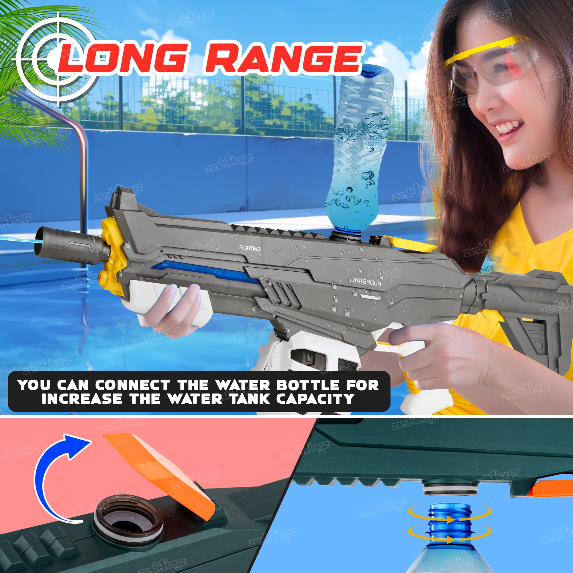 Zest 4 Toyz Holi Electric Pichkari Water Blaster Gun for Kids Long-Range Shooting Electric Continuous Firing Leakproof Water Tank Rechargeable Water Gun for Boys and Girls- Assorted image 2