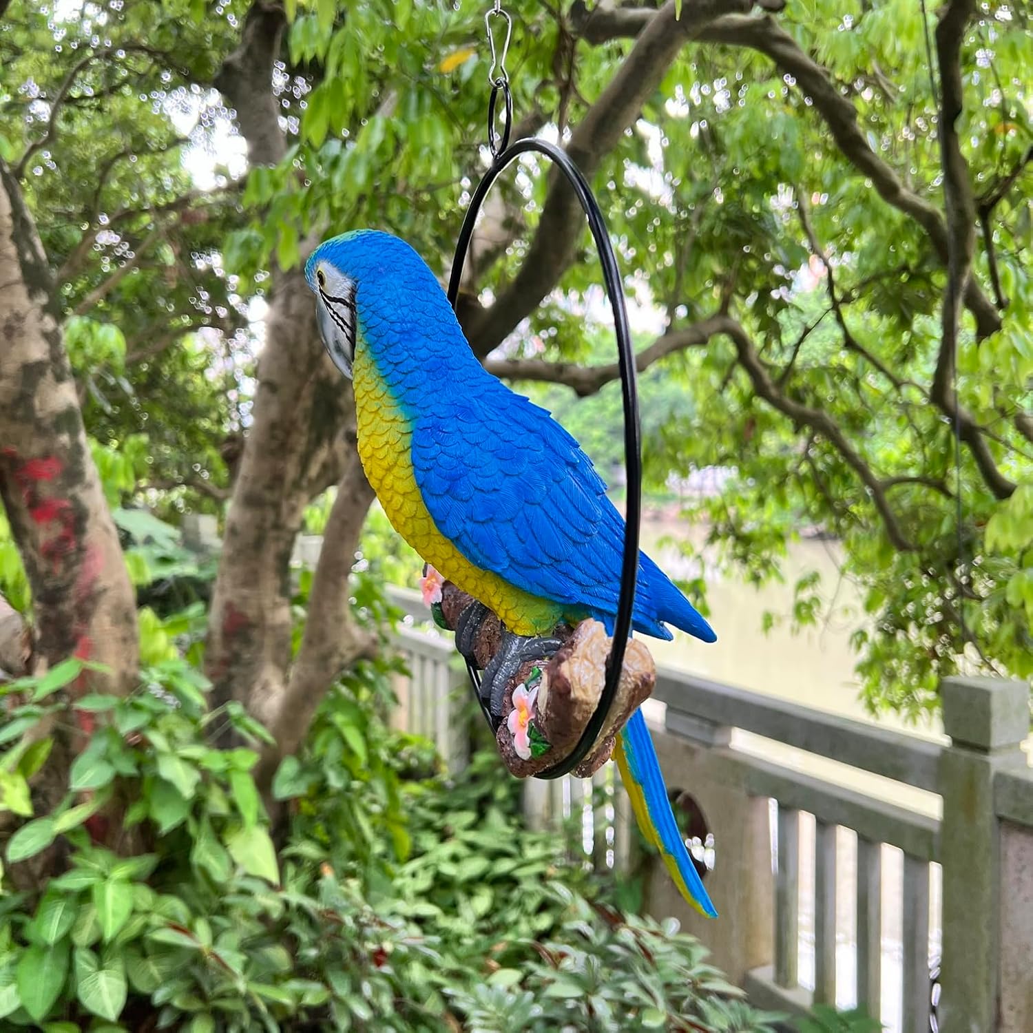Hanging Scarlet Macaw Parrot Perching on Branch in Metal Round Ring for Home Patio Garden Decor 16" H (Blue and Yellow)