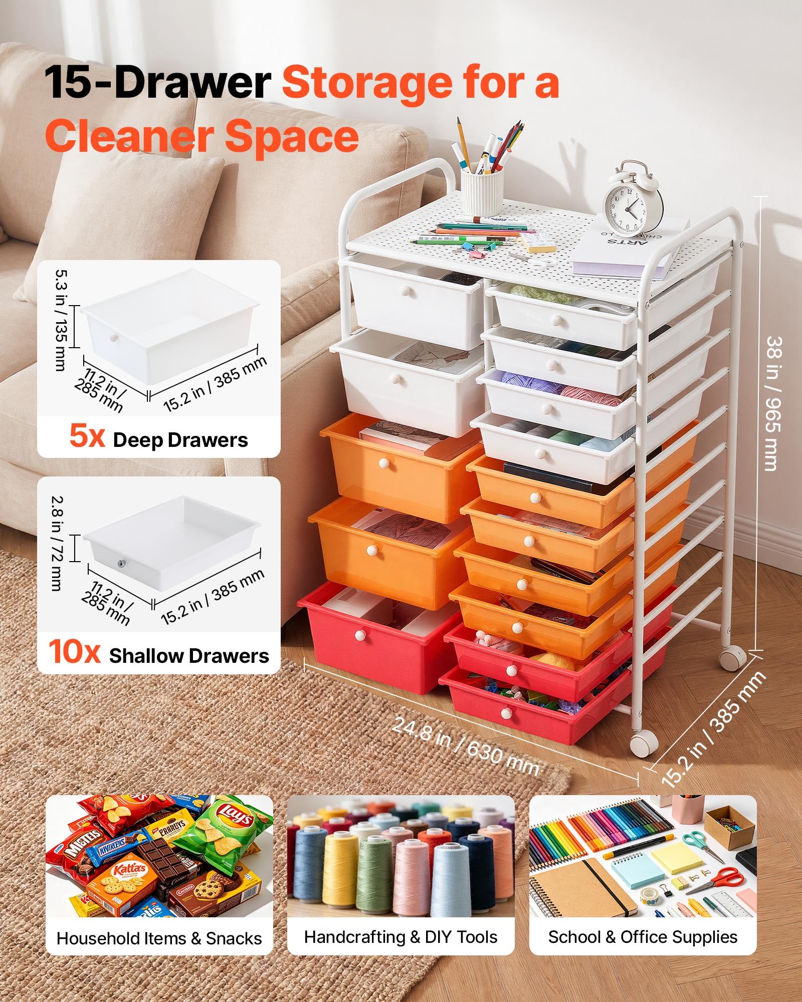 VEVOR Carrello Multiuso con Cassetti, Organizer a Doppia Fila con 15Cassetti, Carrello Portaoggetti, Telaio in Acciaio Verniciato, Ruote Girevoli a 360° con 2 Freni, per Ufficio, Garage, Rosso Sfumato