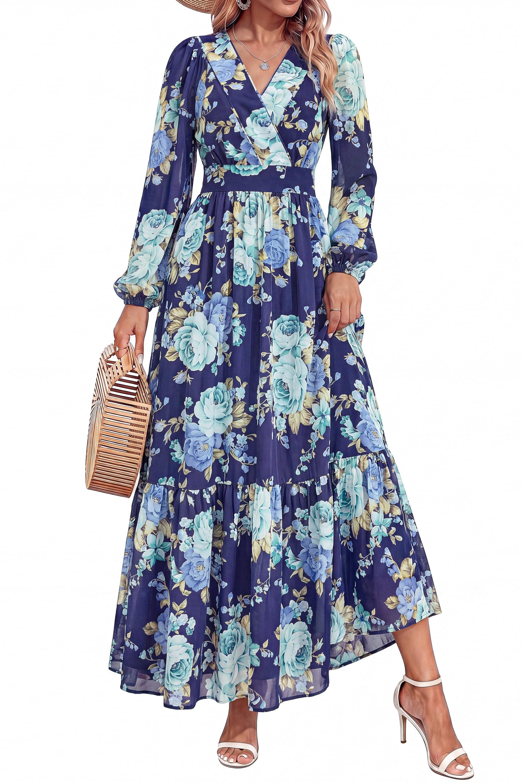 dowerme Women Fall Long Sleeve Wrap V Neck Floral Belted Boho Maxi Dress