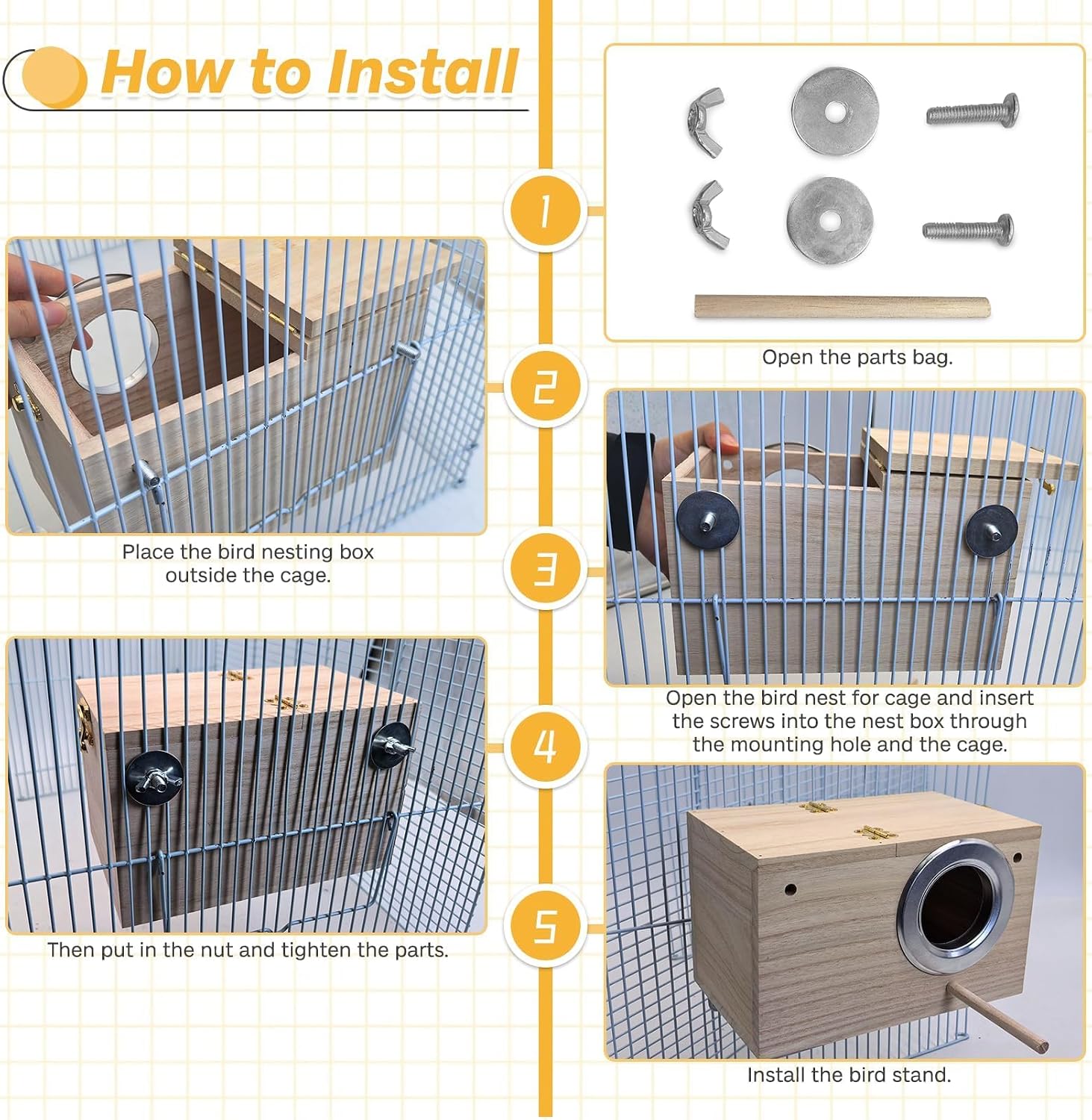 PINVNBY Parakeet Nesting Box Bird House for Cage Wood Mating Box Bird Breeding Box for Lovebirds, Cockatoo, Budgie, Finch, Canary Small and Medium Sized Birds (M:7.9 * 4.7 * 4.7 inch)