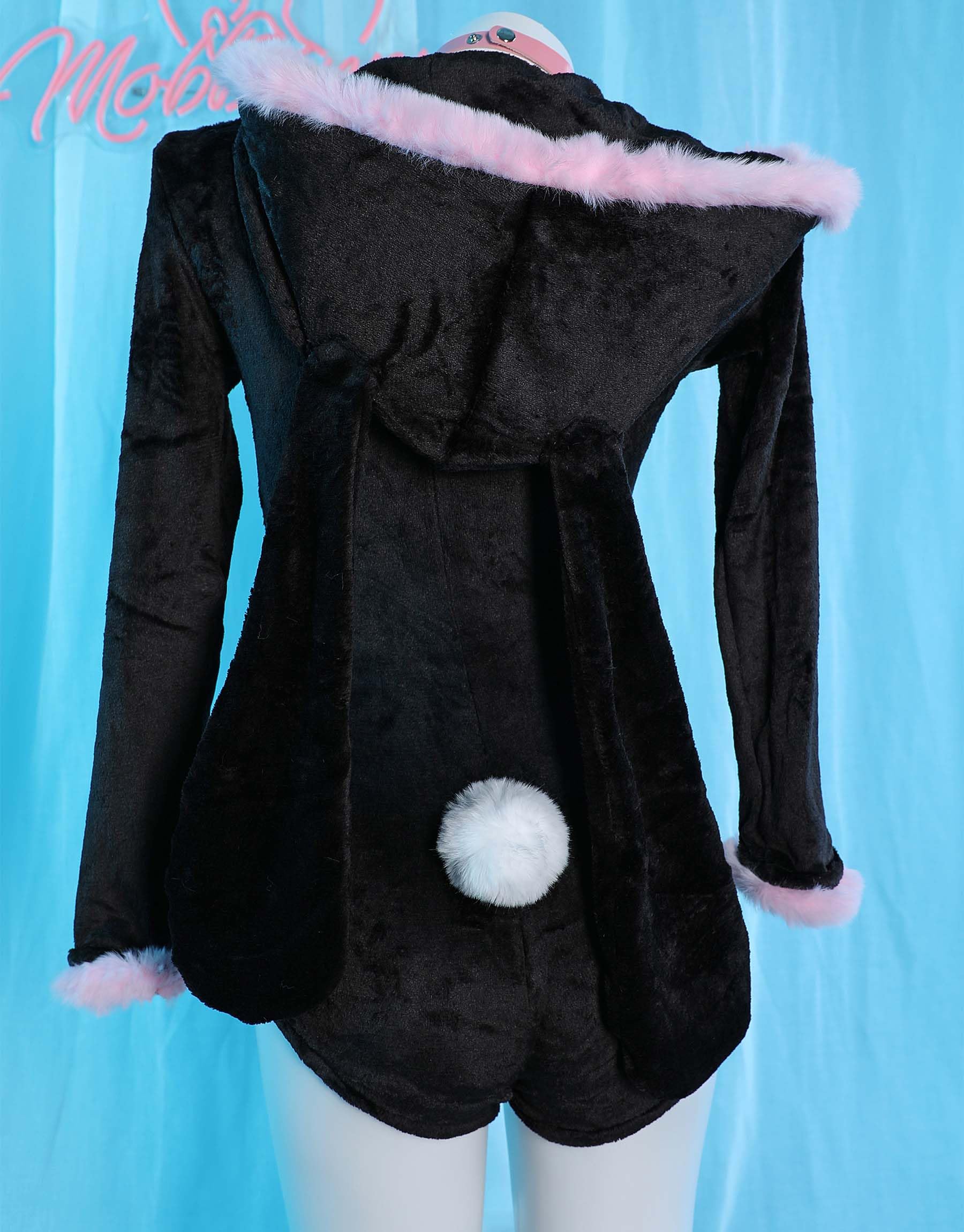 Mobbunny Cute Bunny Ear Onesie Pajama Fuzzy Romper Long Sleeve Loungewear Hooded Jumpsuit Zipper Fluffy Homewear with Socks: Medium Black