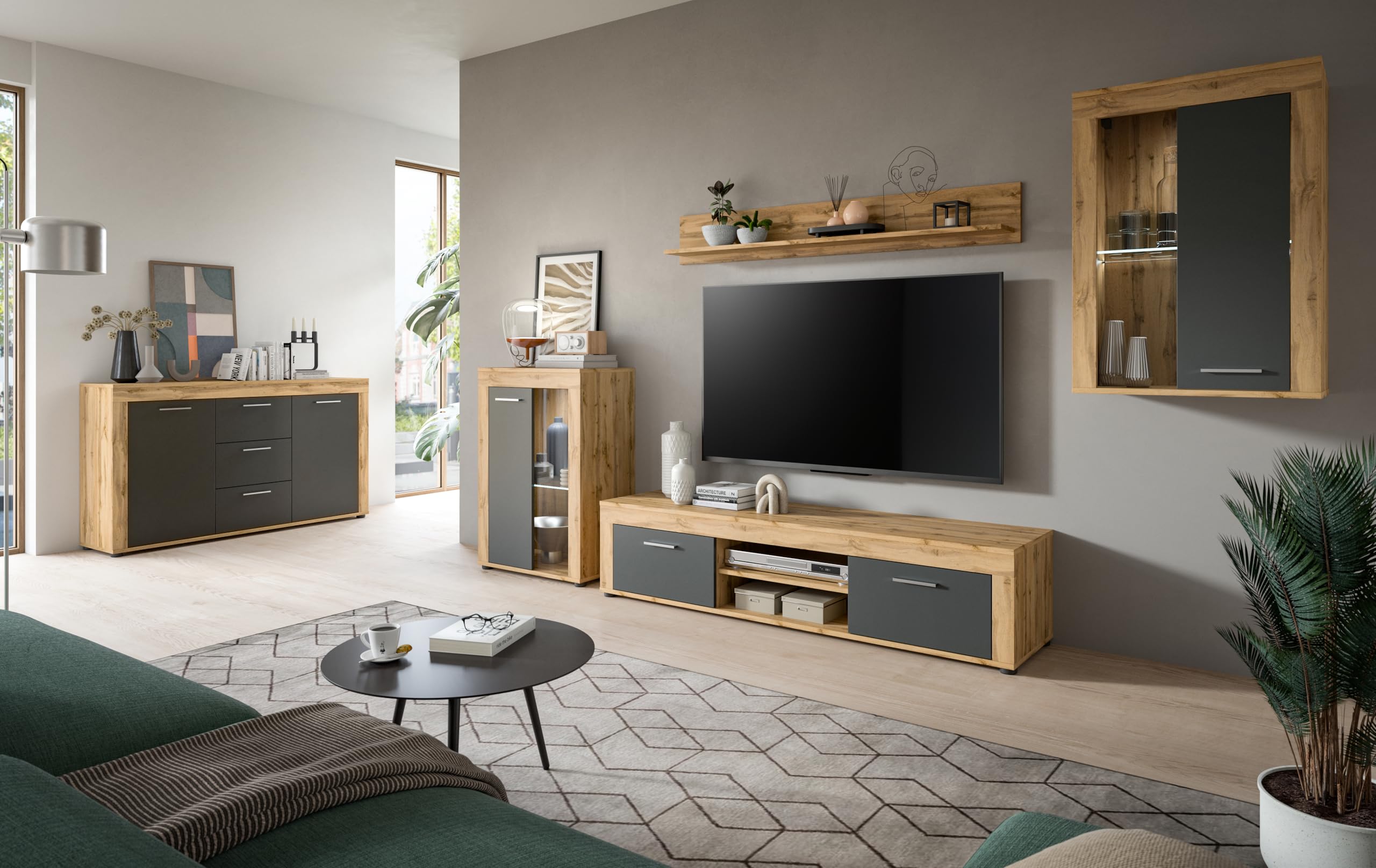 xonox.home Wohnen Jam X8BN1T40 - Vitrina de Cristal (600 x 86 x 35 cm), Color Roble Wotan y Gris