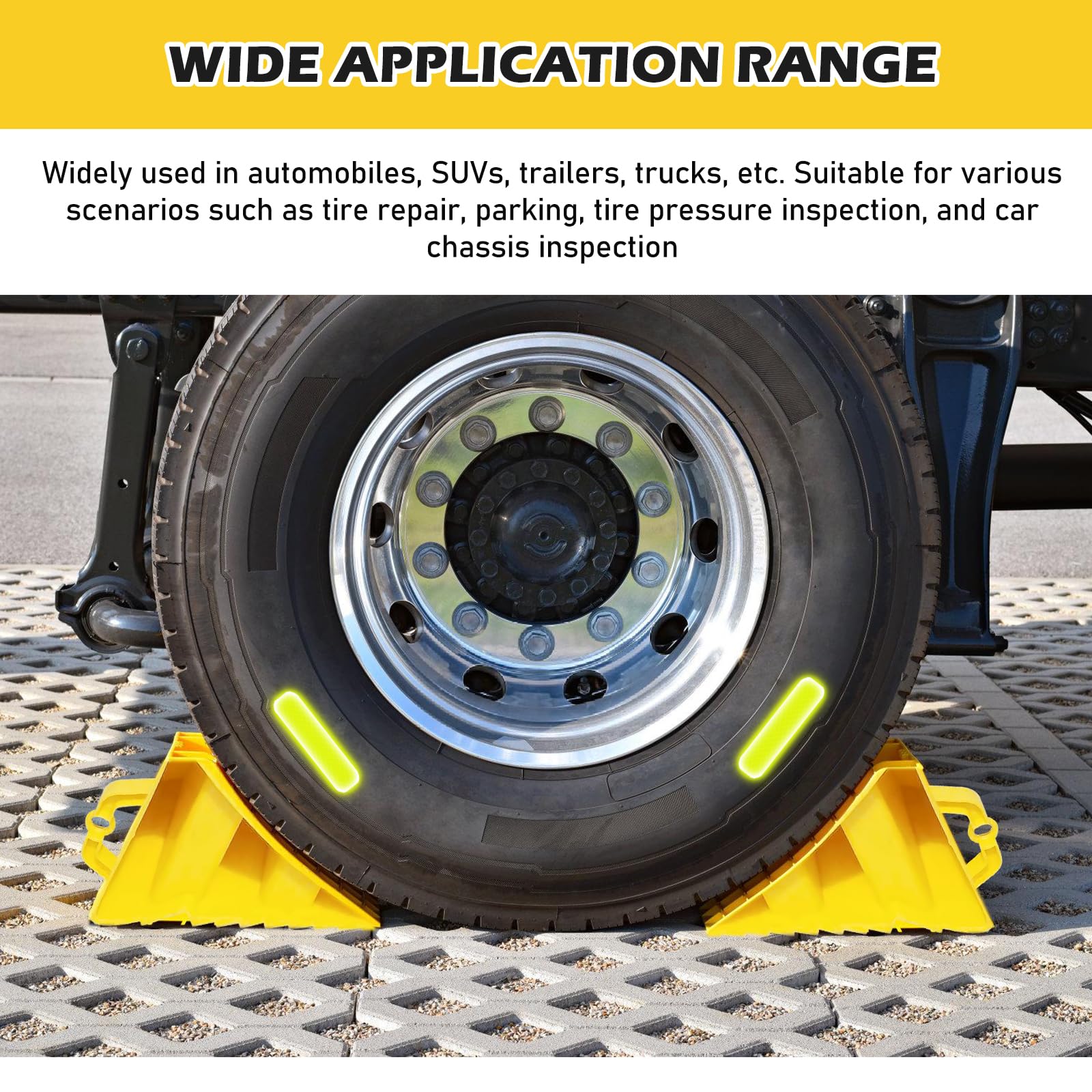 Lot de 4 cales de roue avec poignées, en plastique jaune avec 10 autocollants réfléchissants, cales de roue antidérapantes, en plastique jaune, pour voiture, caravane, camping-car, moto