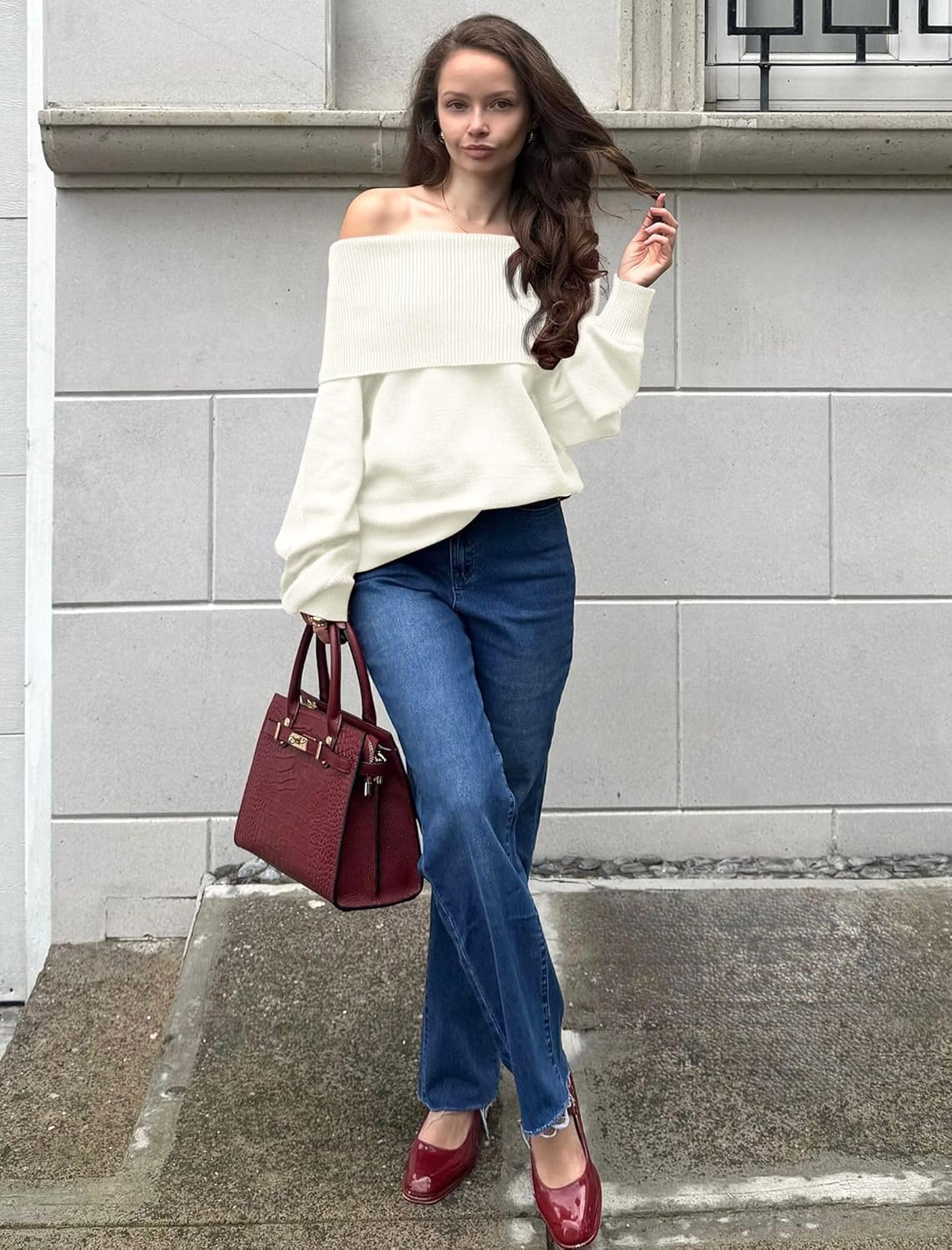 ZAFUL Women's Off Shoulder Sweater Fall Oversized Knit Tops 2025 Long Lantern Sleeve Pullover Jumper - Image 2