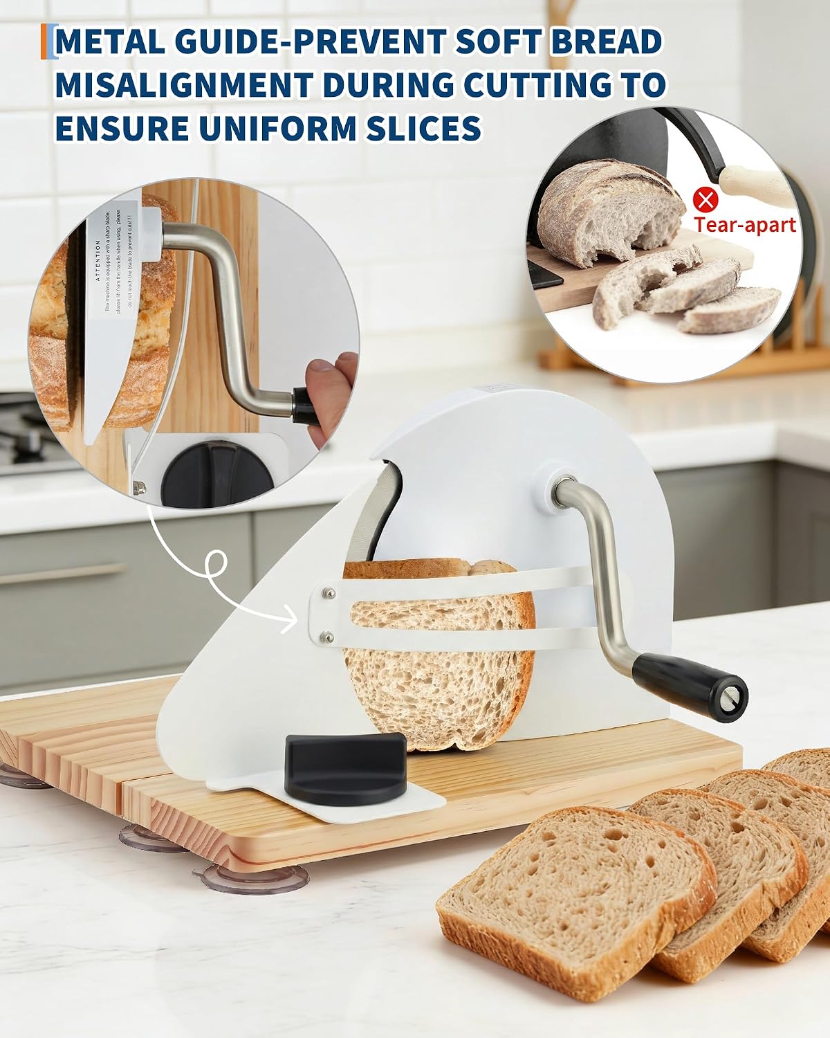 Takywep Collapsible Manual Bread Slicer – Adjustable Thickness 0-0.6 in – Hand Crank, Collapsible Wooden & Steel Guide