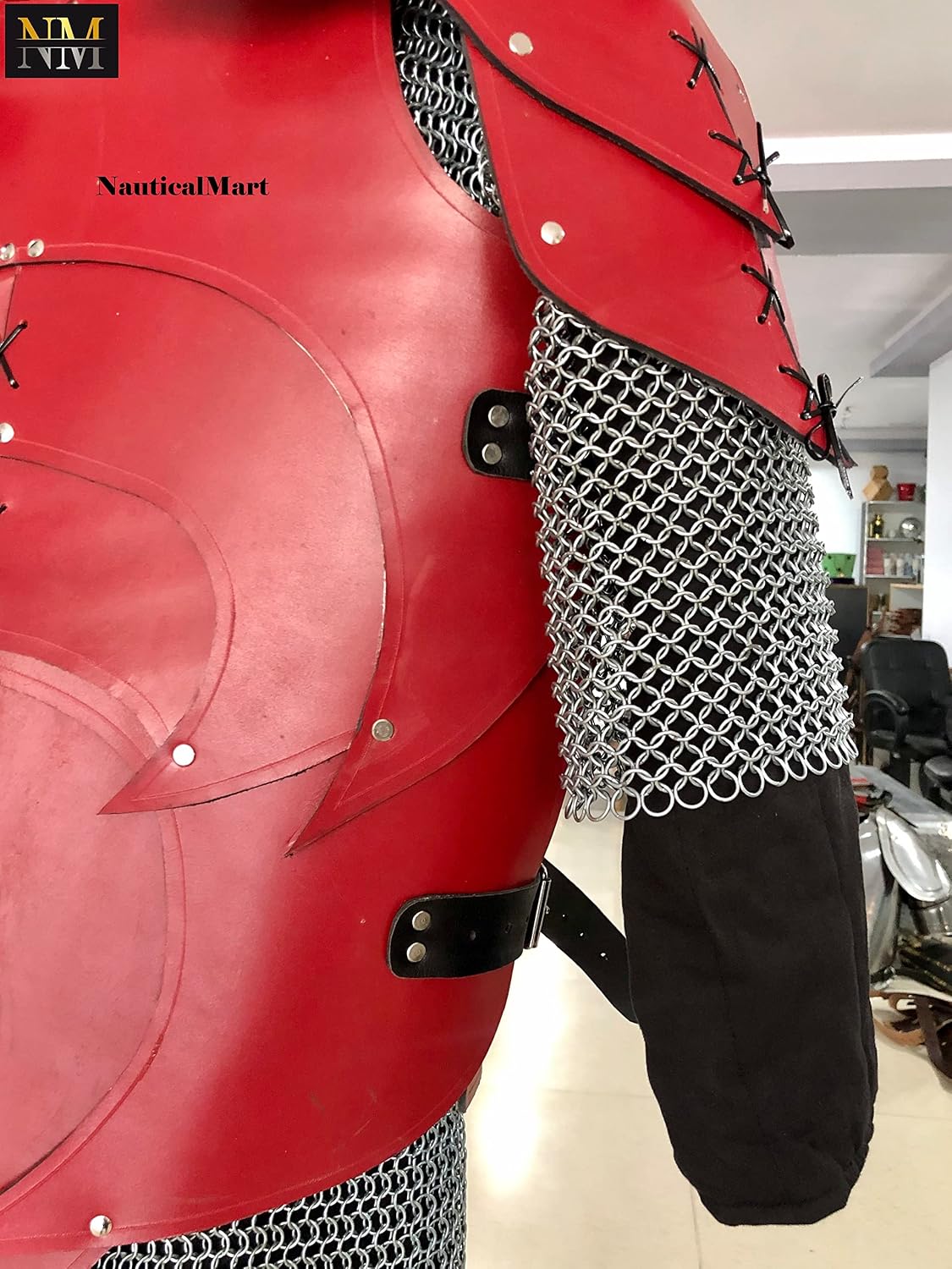 NauticalMart Leather Body Armour With Shoulder Red SCA LARP Armor Halloween Costume