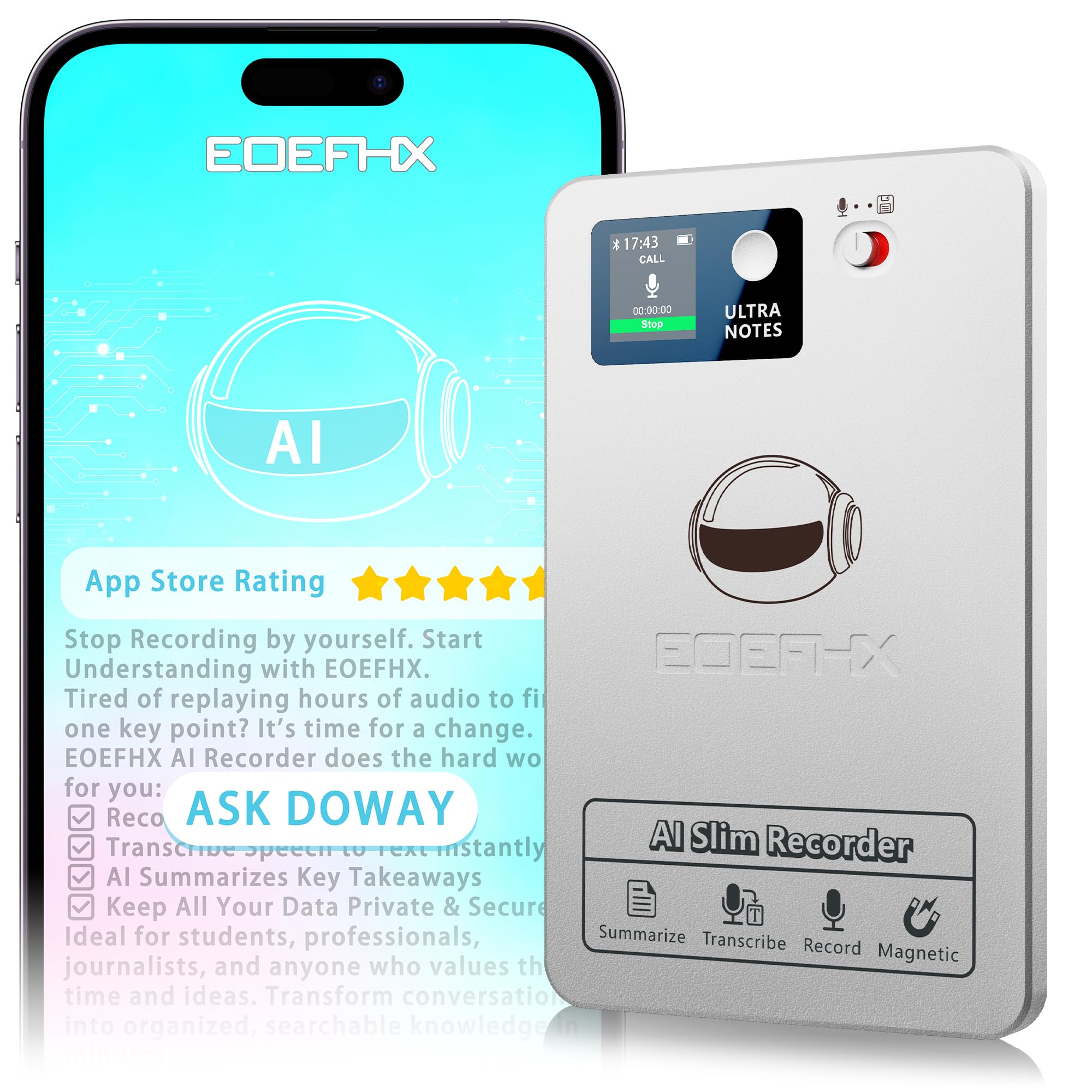 Photo 1 of AI Voice Recorder, Transcribe & Summarize with Deep AI Analysis, Support 152 Languages, App Control, AI Noise Cancellation, Upgraded Built-in MagSafe, 64GB Audio Recorder for Meetings, Lectures, Call