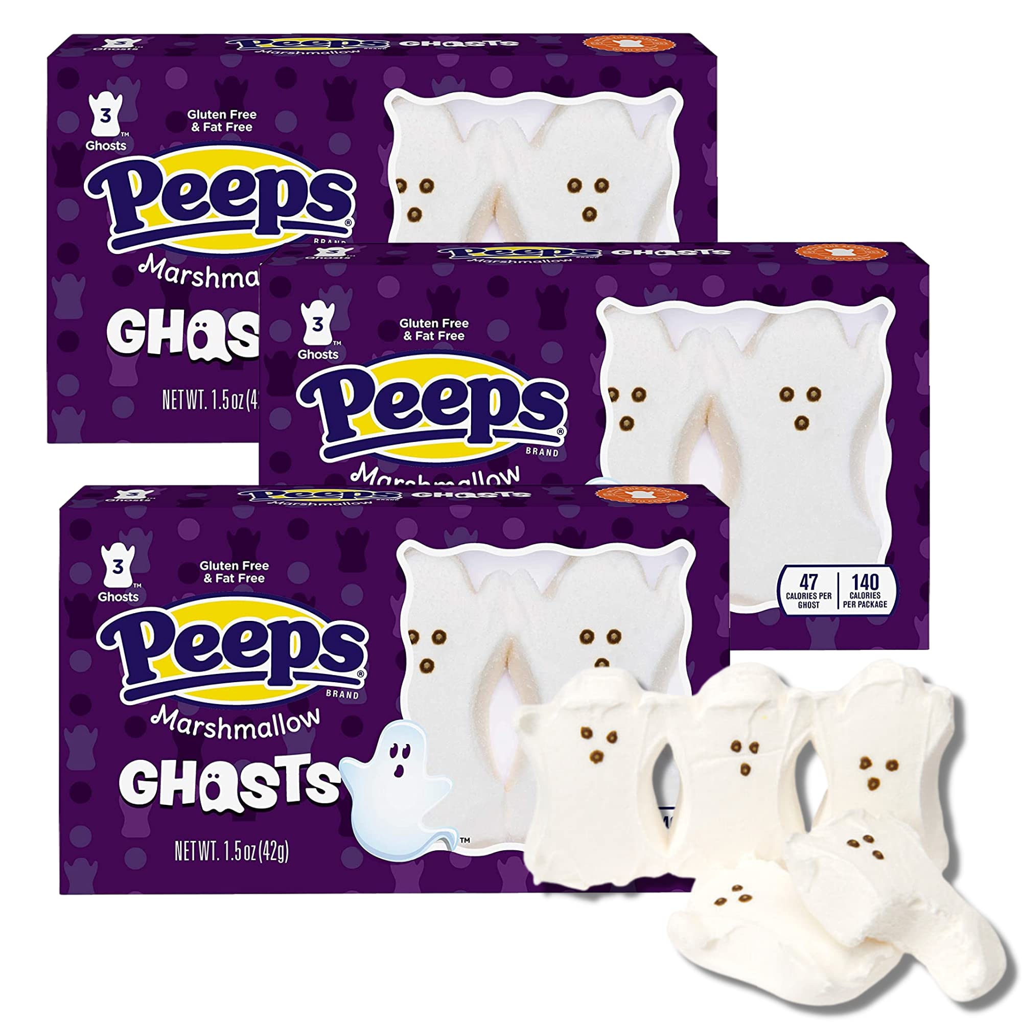 Halloween Peeps Marshmallow Candy, Party Favors or Baking Decoration DIY, Festive Gluten Free and Fat Free Candy, Pack of 3, 9 Pieces (White Ghosts)