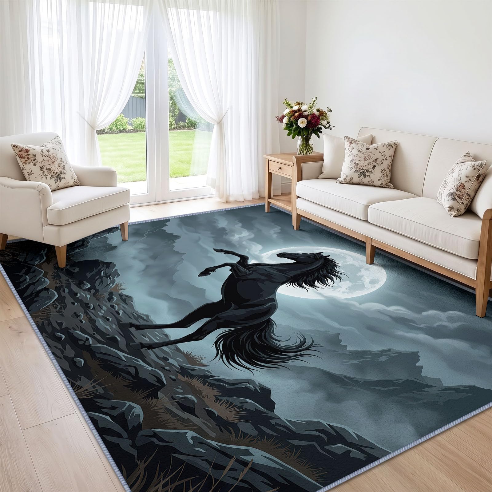 Dywan do salonu 80 x 150 cm czarny obcas koń można prać w pralce