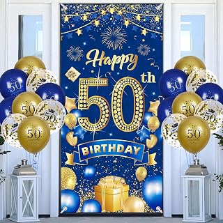 50th Birthday Party Decorations for Men Navy Blue Gold Happy 50th Birthday Banner with 18pcs 50th Balloons 50th Door Cover Backdrop for Men Women Birthday Anniversary Party Sign Porch Decor Supplies
