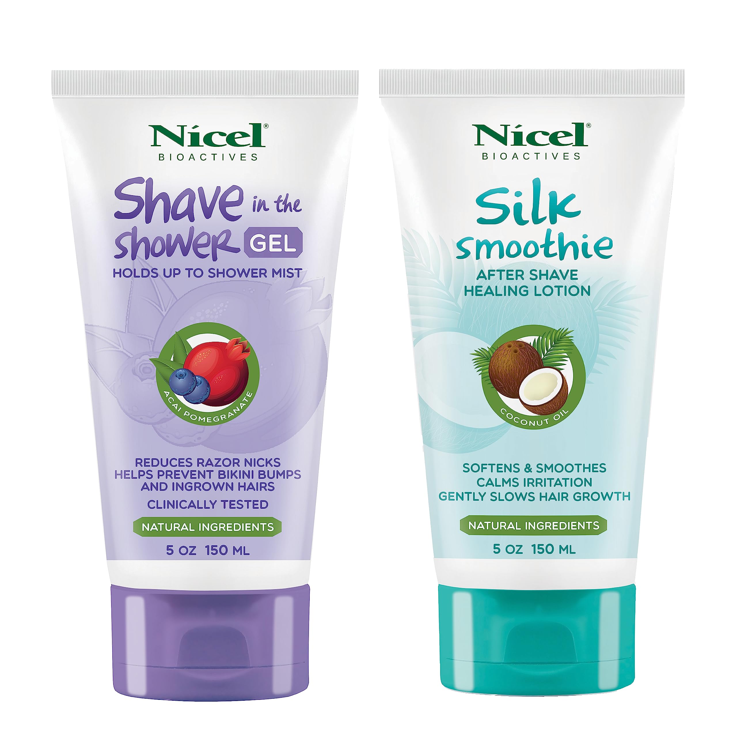 Nicel Women's Shave in the Shower Gel | Silk Smoothie After Shave Healing Lotion Combo Pack (Acai Pomogranate & Silk Smoothie)
