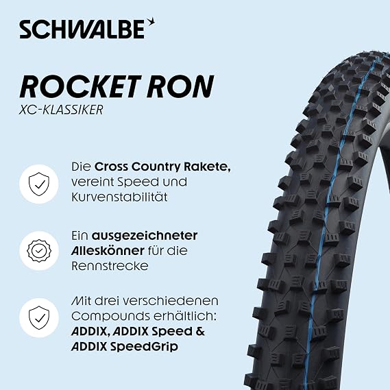Schwalbe Rocket Ron Bicycle Tyre MTB Tyre 16 to 29 Inches Tubeless Easy for Cross Country and Marathon Tyres ADDIX Compound Combines Speed and Cornering Grip