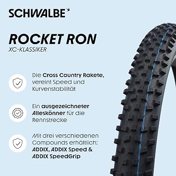Schwalbe Rocket Ron Bicycle Tyre MTB Tyre 16 to 29 Inches Tubeless Easy for Cross Country and Marathon Tyres ADDIX Compound Combines Speed and Cornering Grip